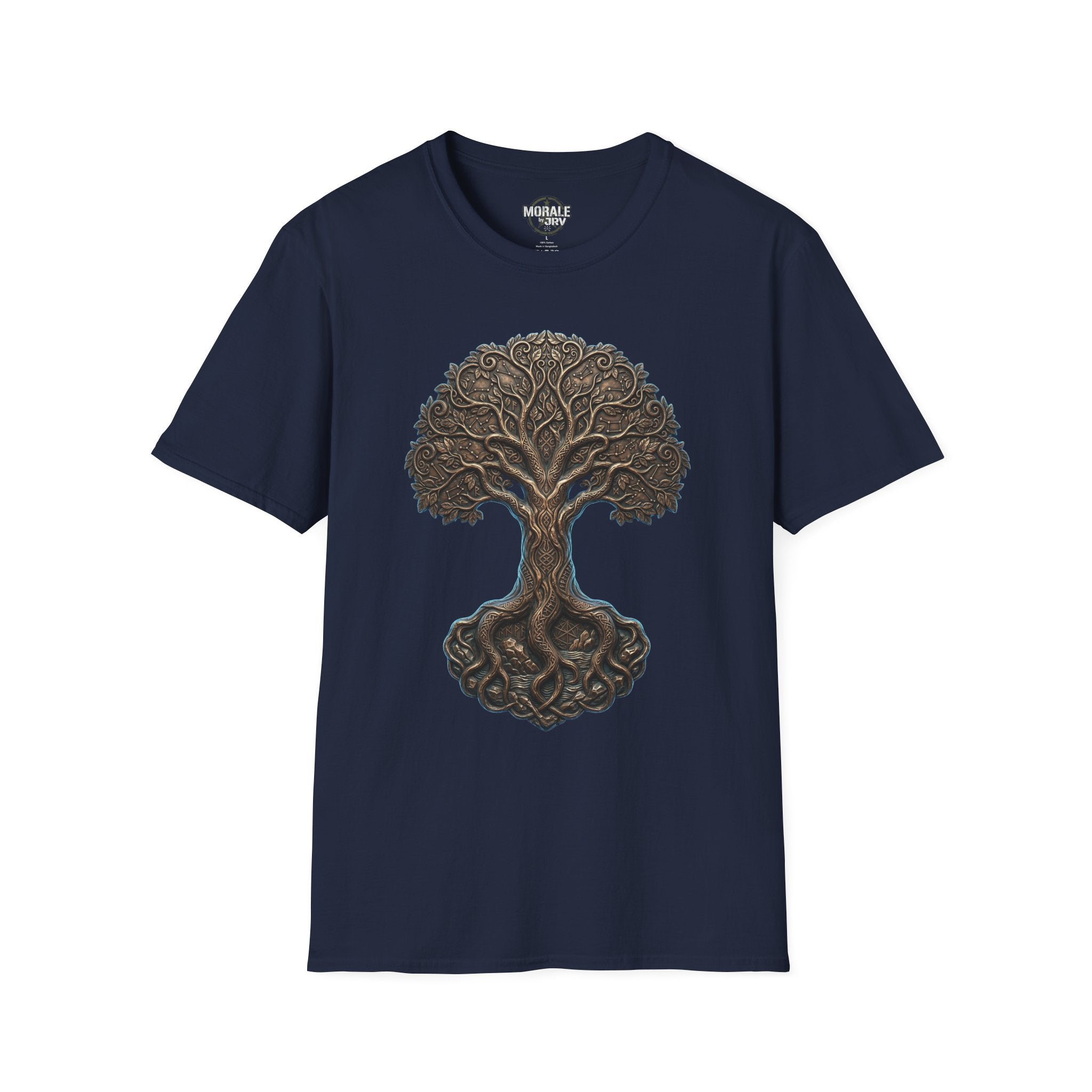 Navy T-shirt with Celtic Tree of Life knotwork oak front design
