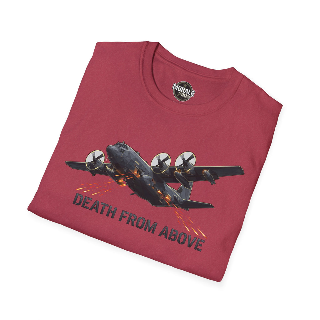 Dark heather T-shirt with jet graphic and “DEATH FROM ABOVE” text print