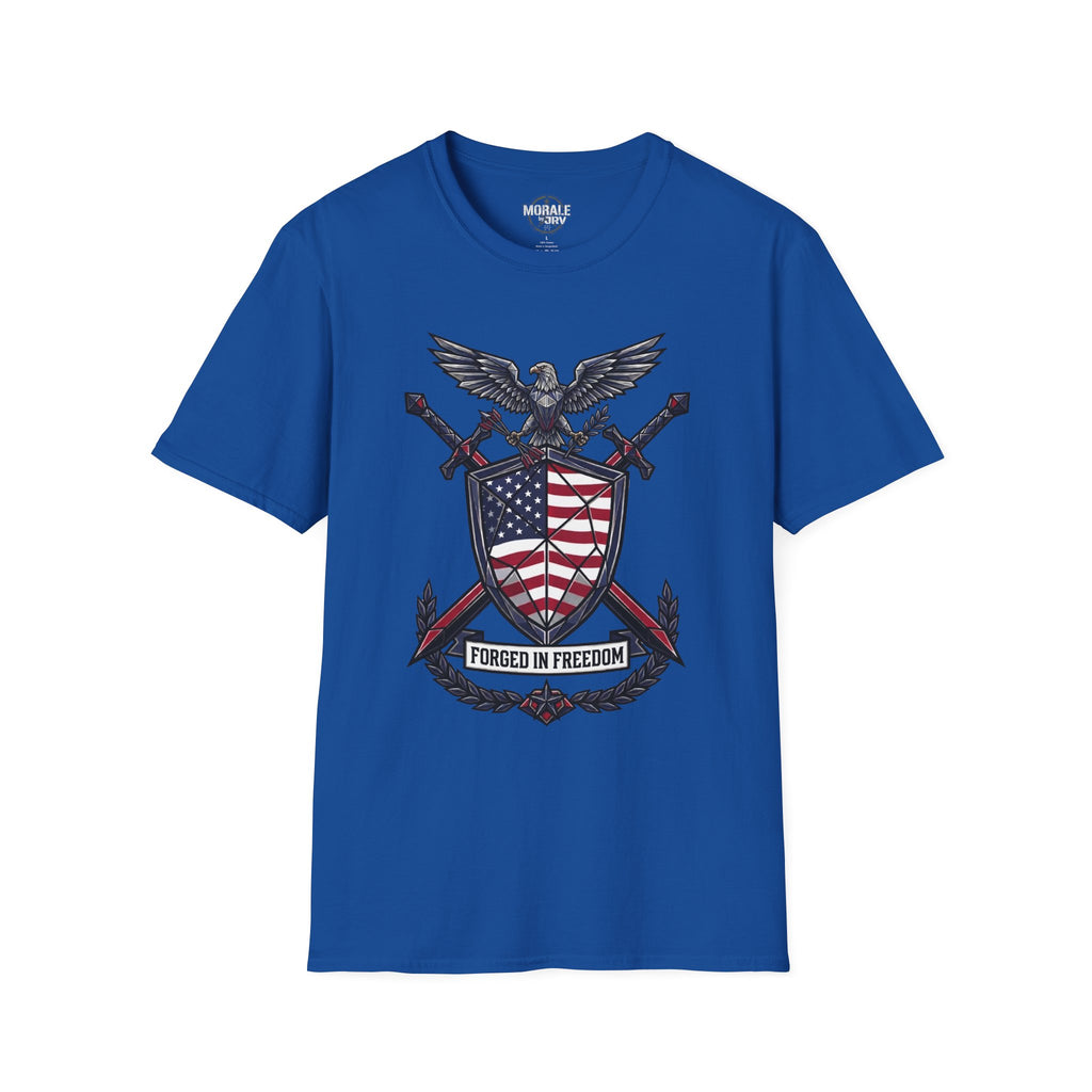 Patriotic red-white-blue graphic T-shirt on royal blue, front eagle shield design