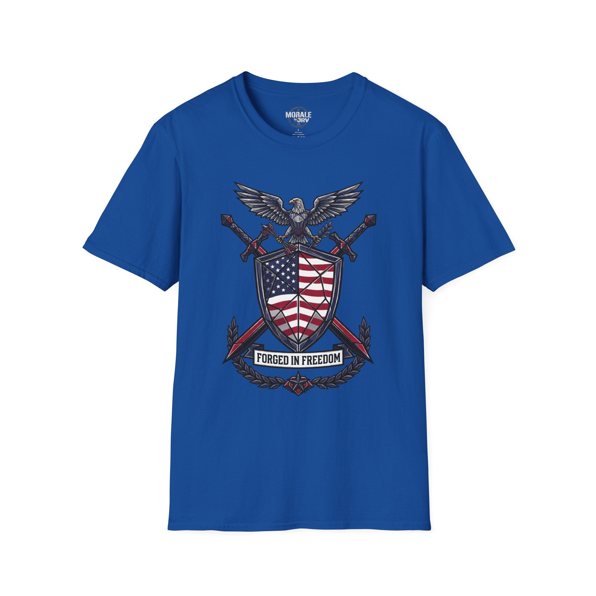 Patriotic red-white-blue graphic T-shirt on royal blue, front eagle shield design