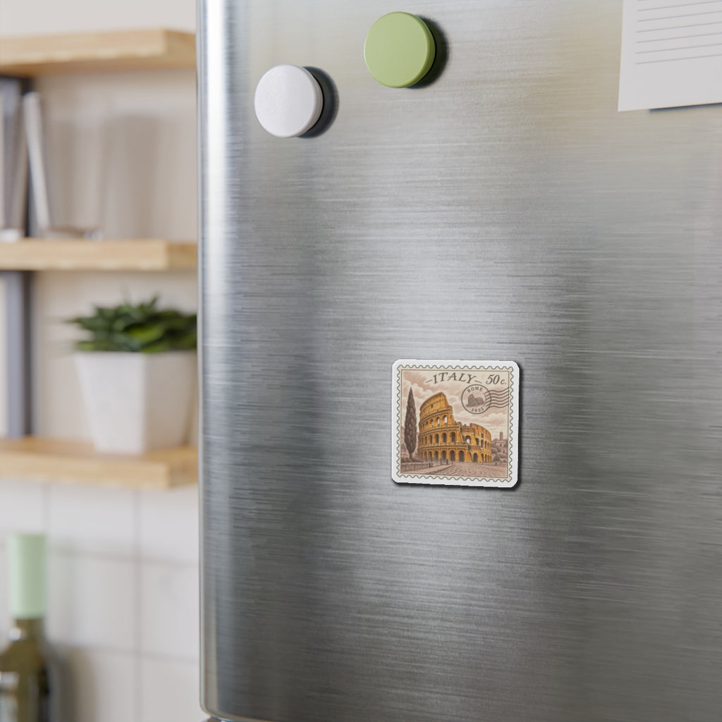 Die-cut Italy stamp magnet on metal surface with Colosseum graphic and "50 c" text.
