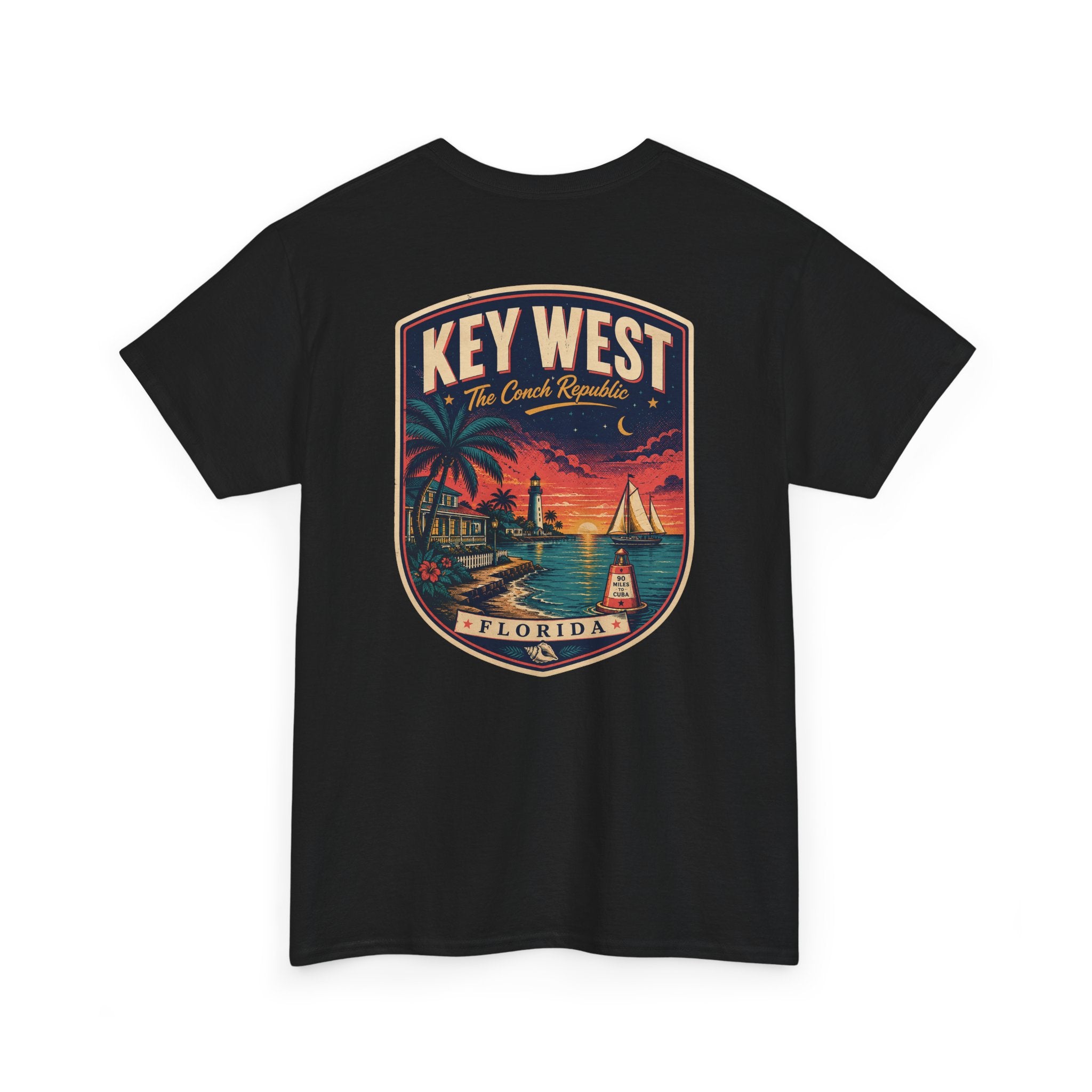 Black crewneck T-shirt with Key West Florida badge lighthouse print.