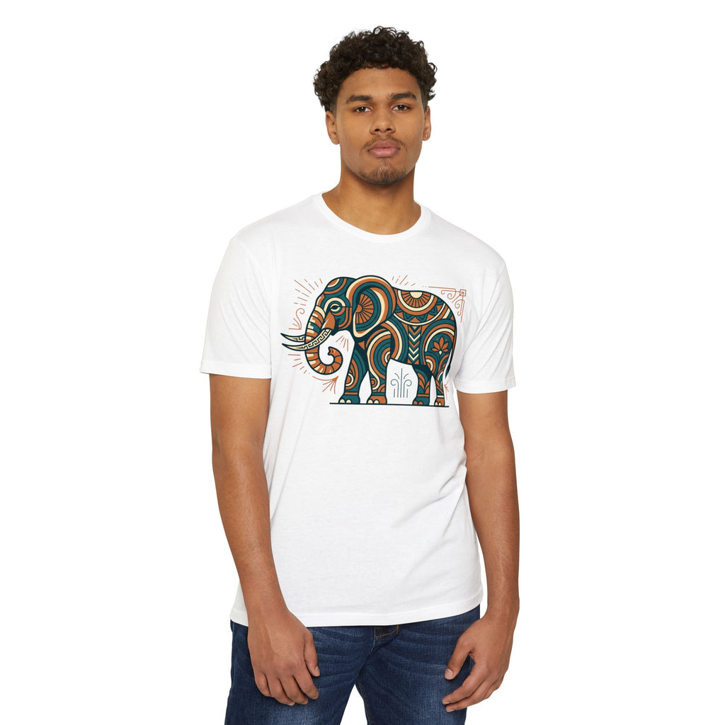 White T-shirt with colorful elephant graphic on the chest, crew neck, short sleeves.