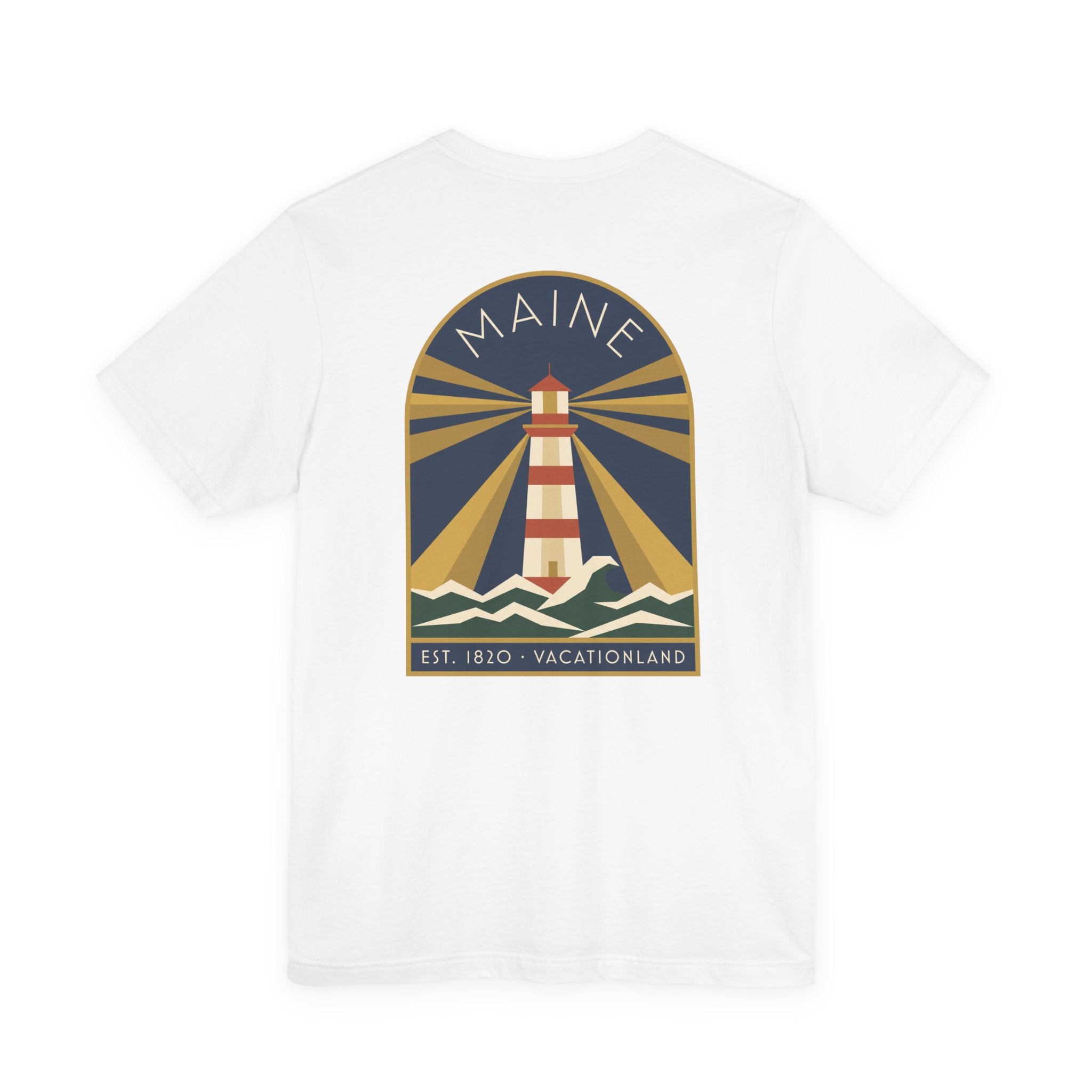 White crewneck T-shirt with vintage lighthouse graphic in circular badge