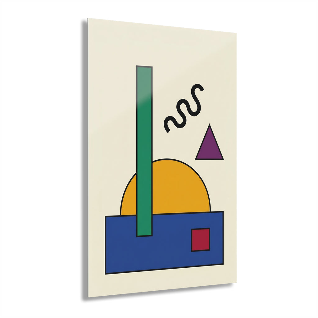 Geometric sunrise print: green pillar, yellow horizon sun, blue blocks, purple triangle, wavy lines