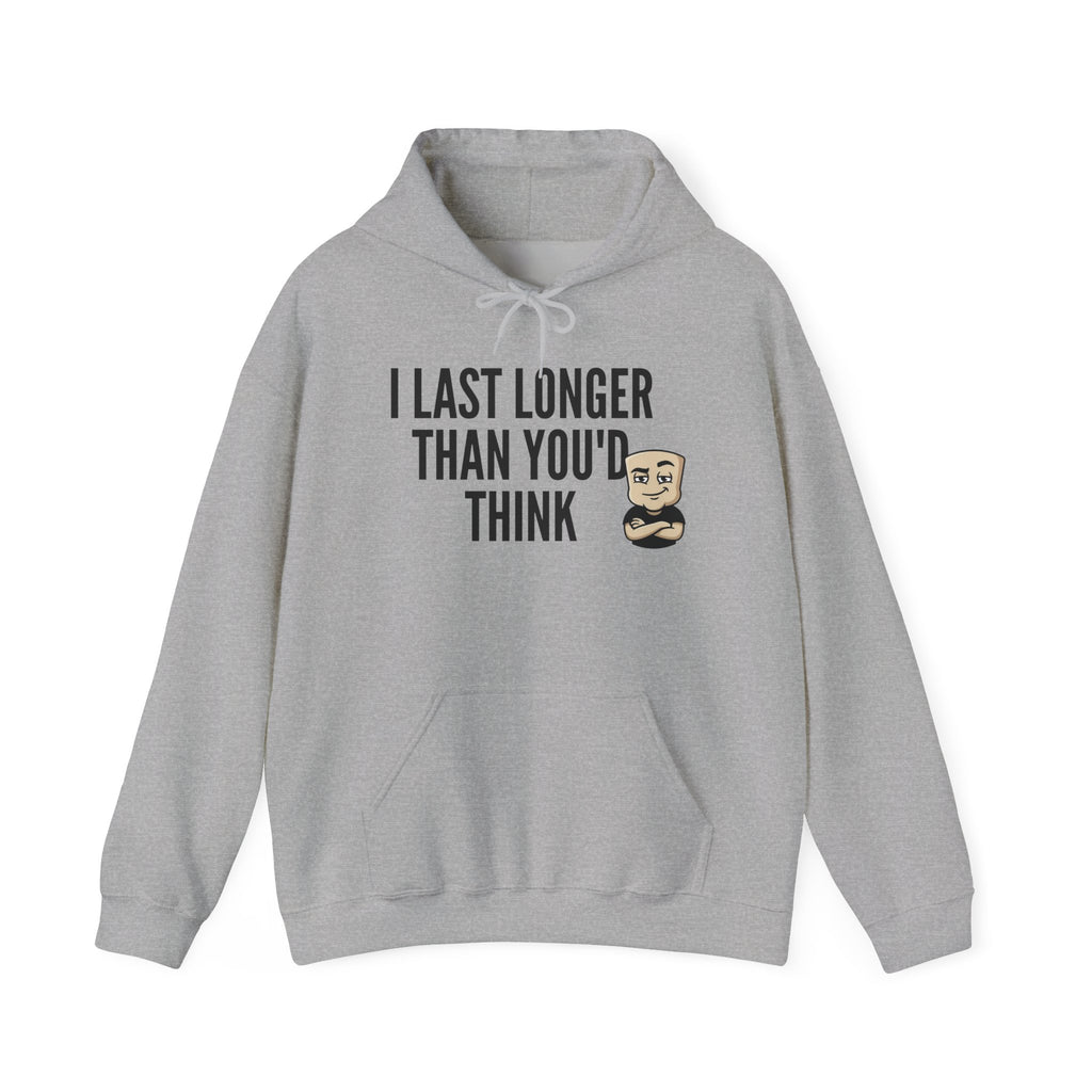 Light gray hoodie with front pocket and drawstring hood, bearded face graphic on chest.