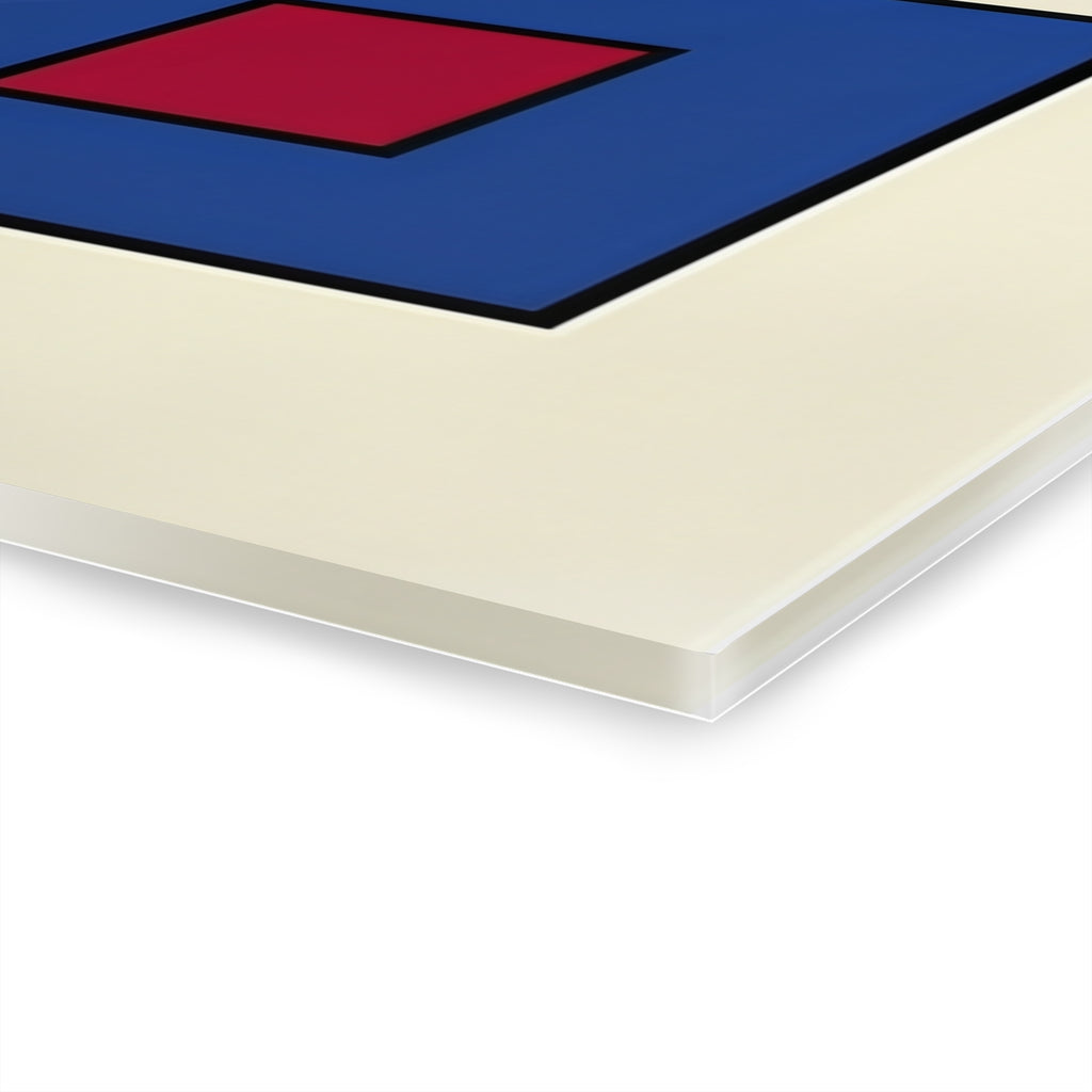 Corner close-up of geometric print, 0.25in depth; blue field and red-purple diamond