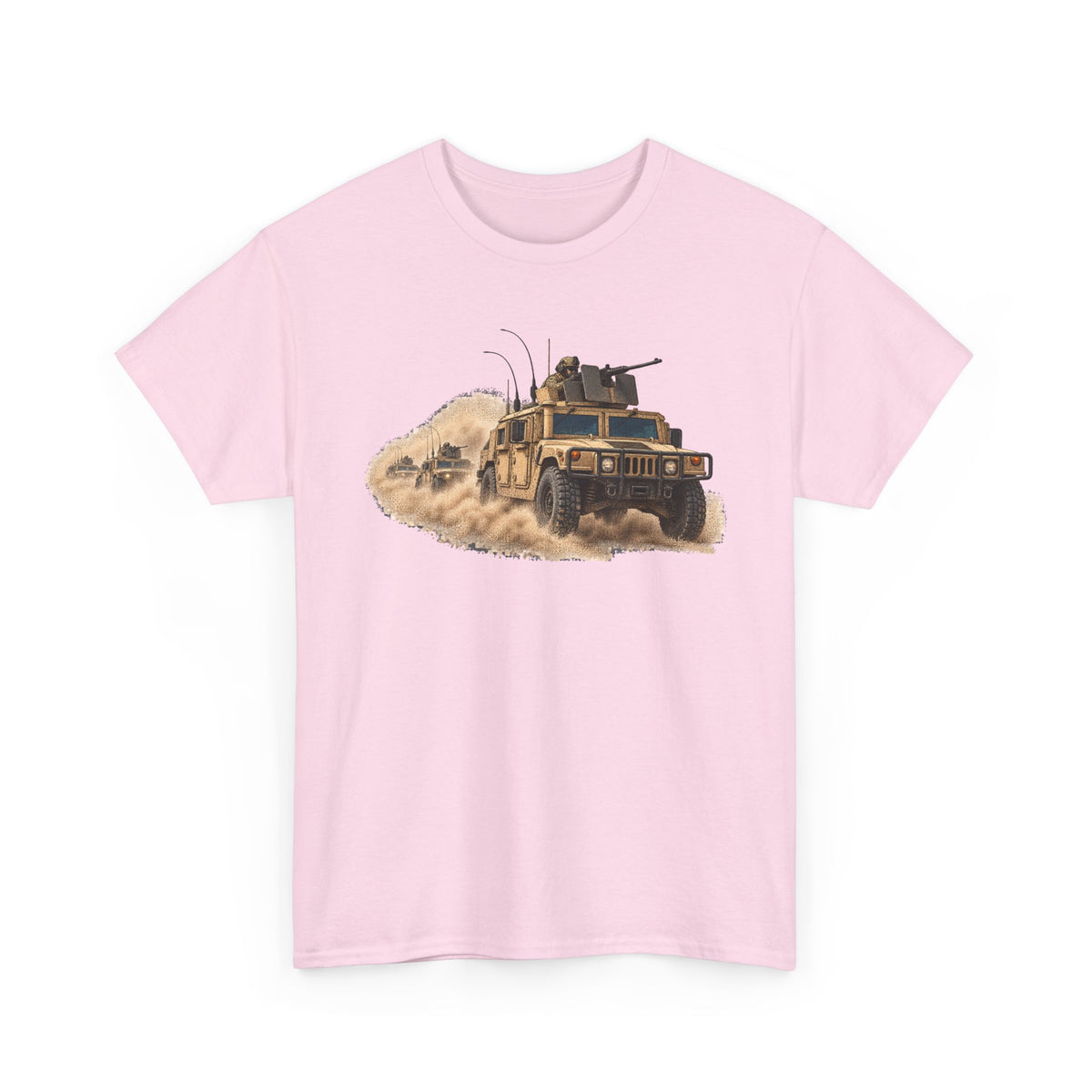 Light pink crew-neck T-shirt with armored vehicle graphic and tan dust