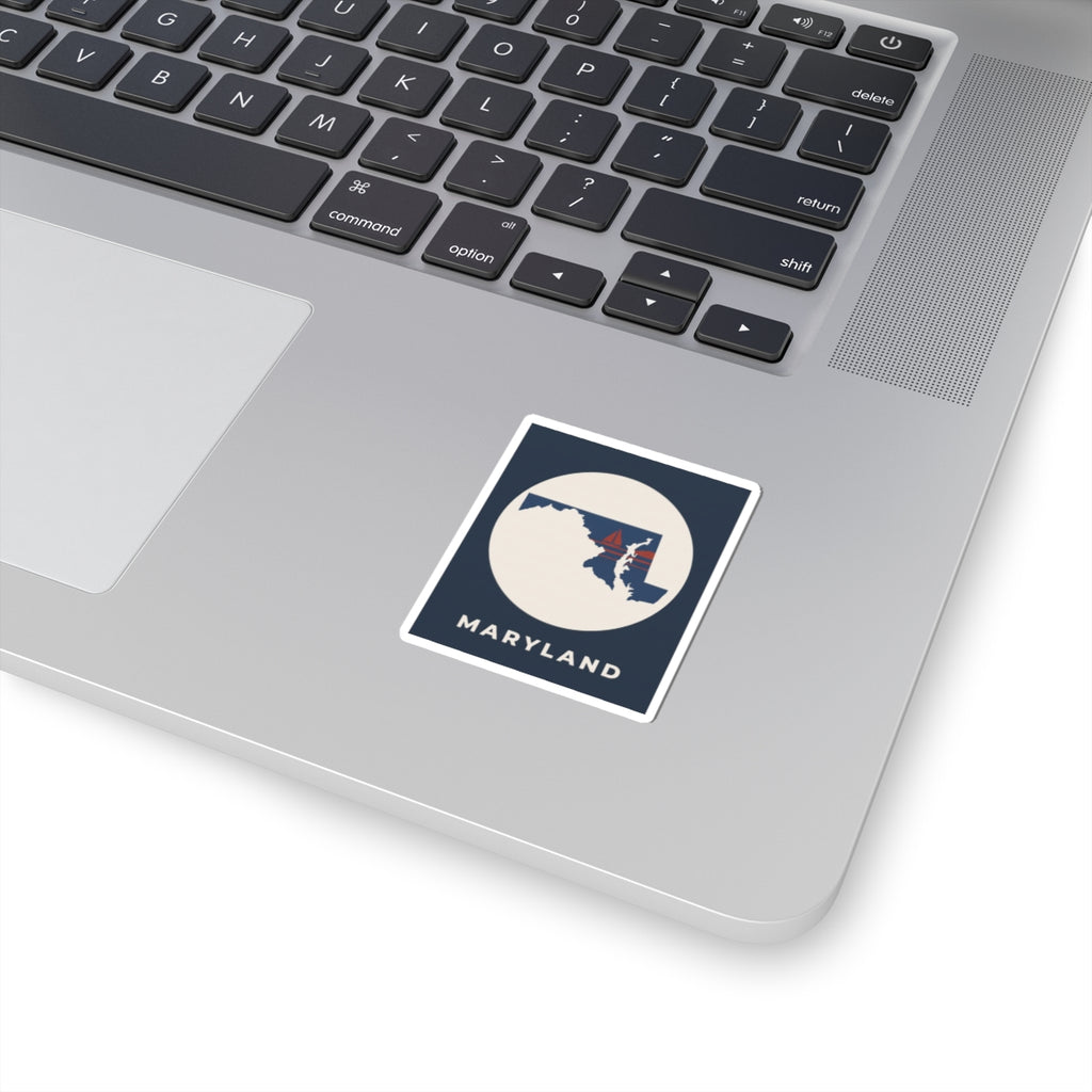 Maryland state map sticker, square blue design with white border and "Maryland" text