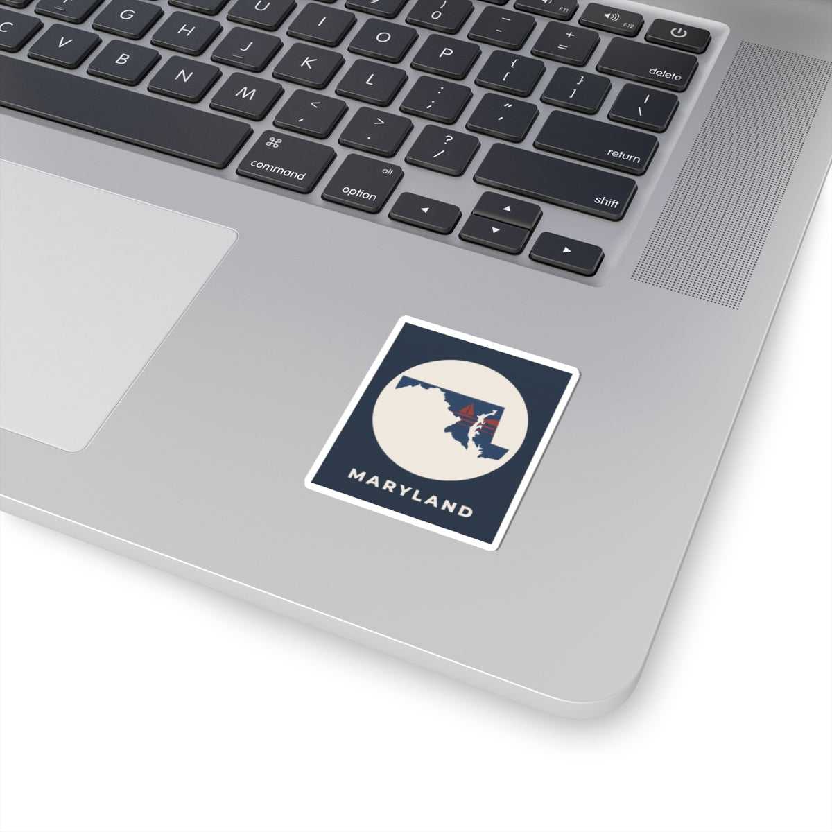 Maryland state map sticker, square blue design with white border and "Maryland" text