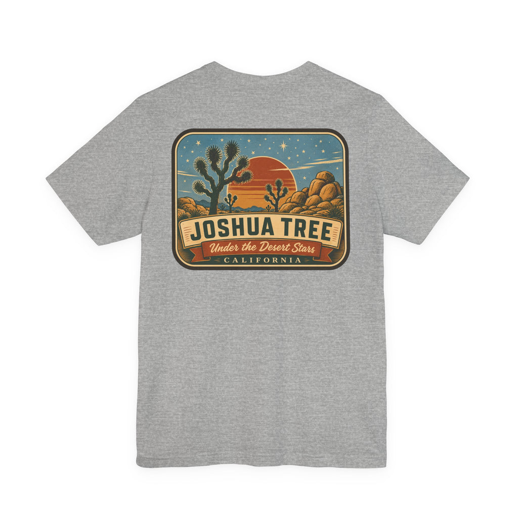 Heather grey t-shirt with Joshua Tree desert sign graphic centered on front.