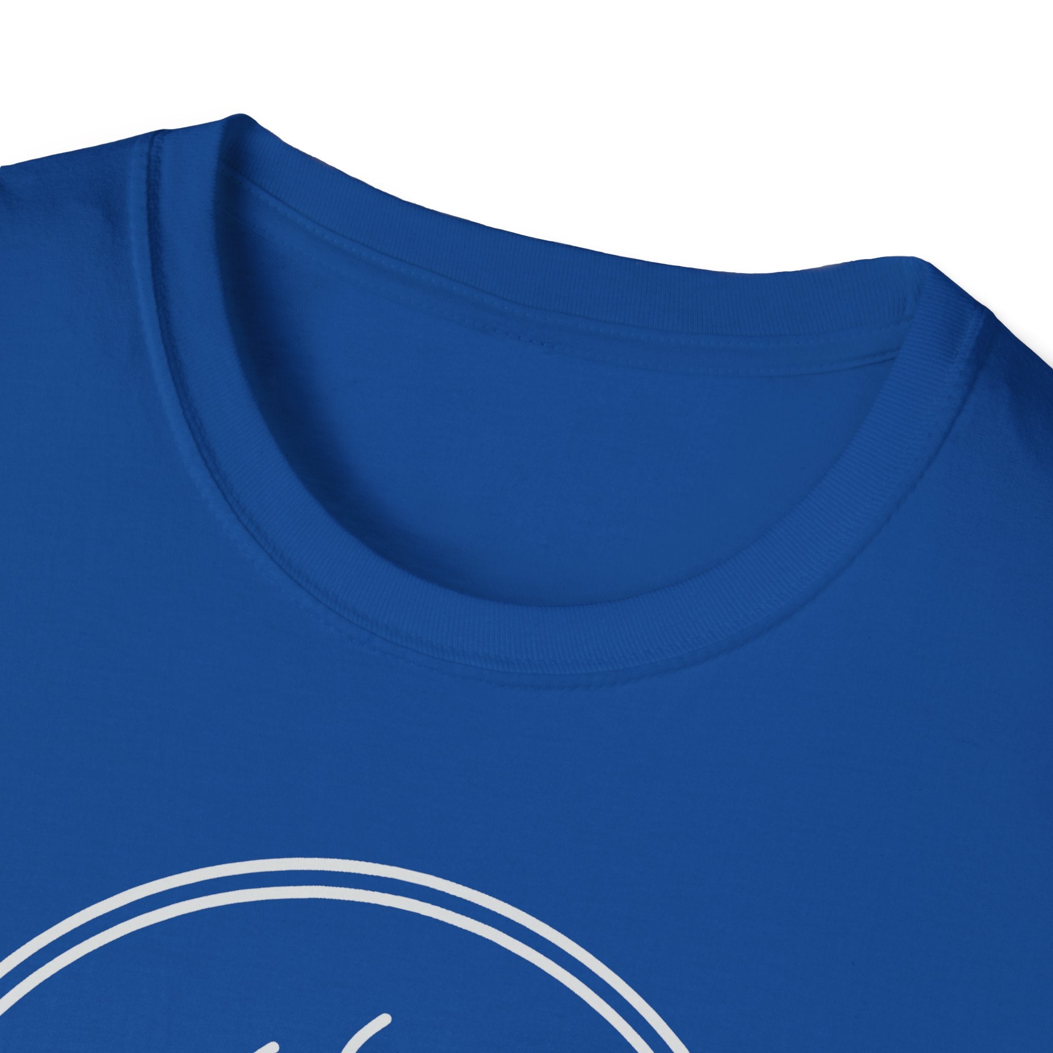 Royal blue unisex T-shirt with crew neck and partial coffee graphic logo