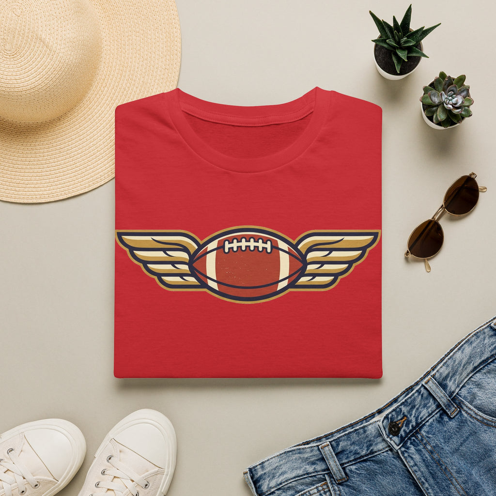 Red T-shirt with winged football graphic on the chest
