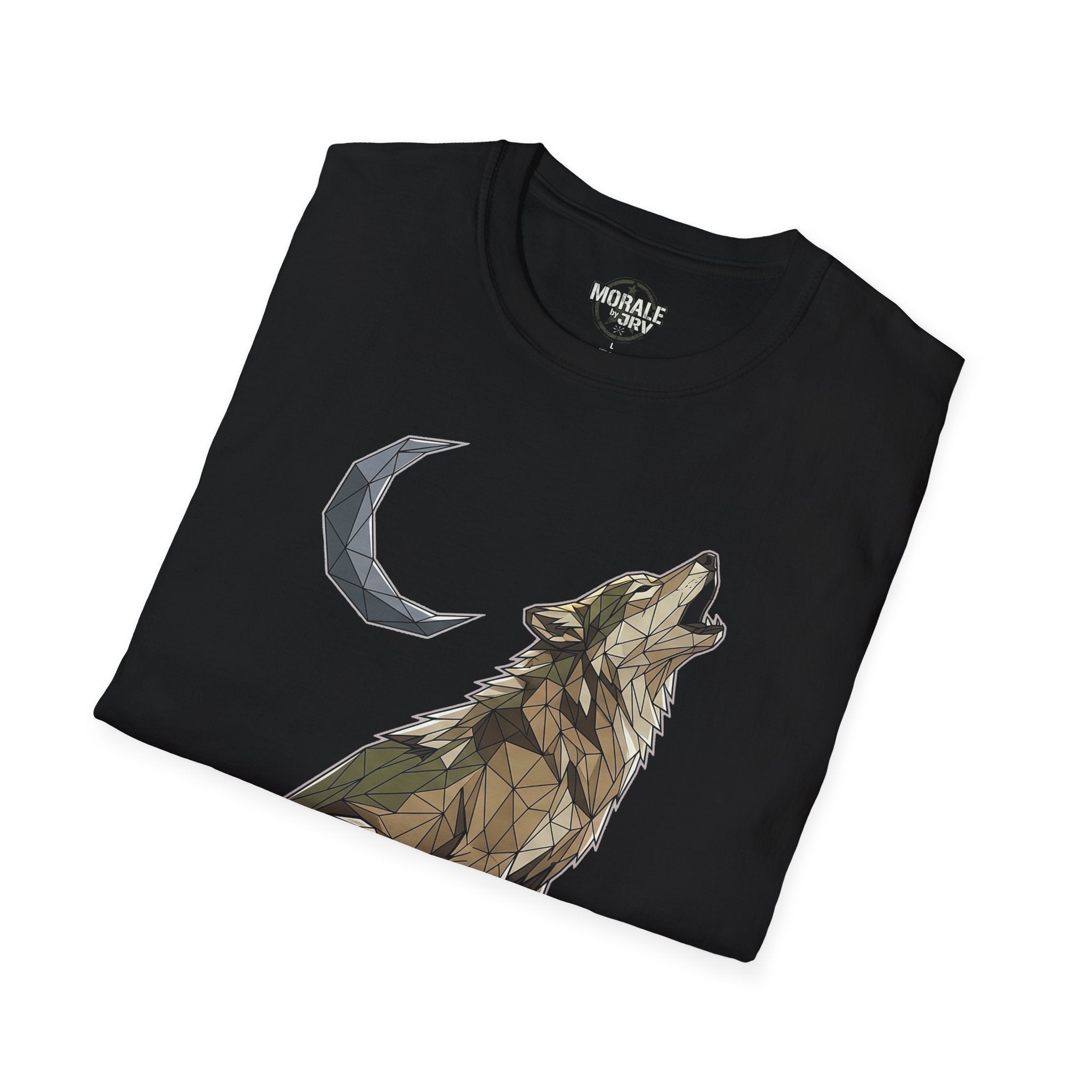Lone Wolf T-shirt, black; geometric wolf and moon illustration on chest