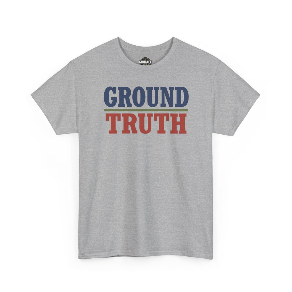 Sport grey crewneck t-shirt with 'GROUND TRUTH' graphic in red and blue.