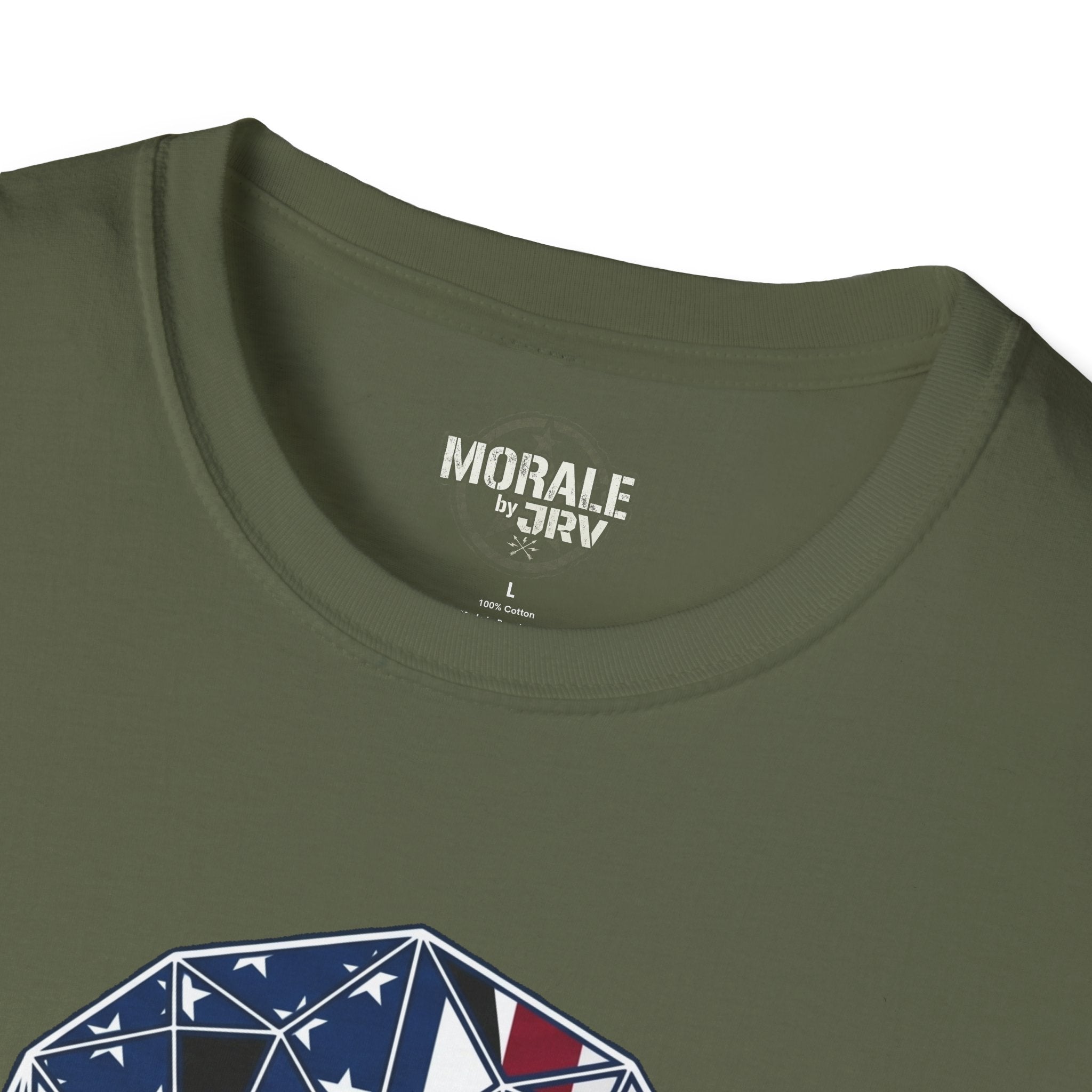American Flag Skull Warrior Ethos T-Shirt, military green collar and partial skull graphic close-up