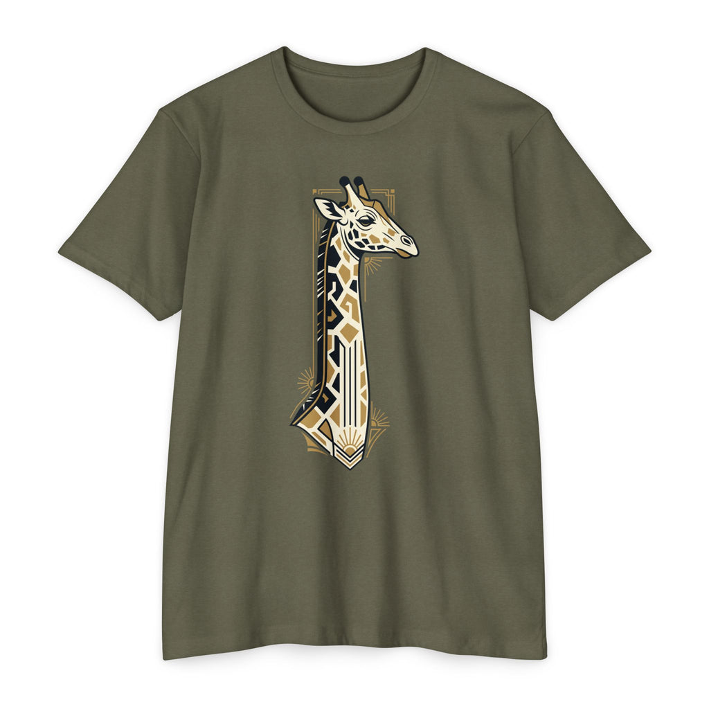 Dark green giraffe graphic t-shirt with Art Deco geometric design, front