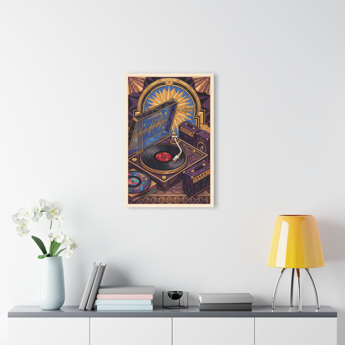 Psychedelic turntable wall art acrylic print in small light frame