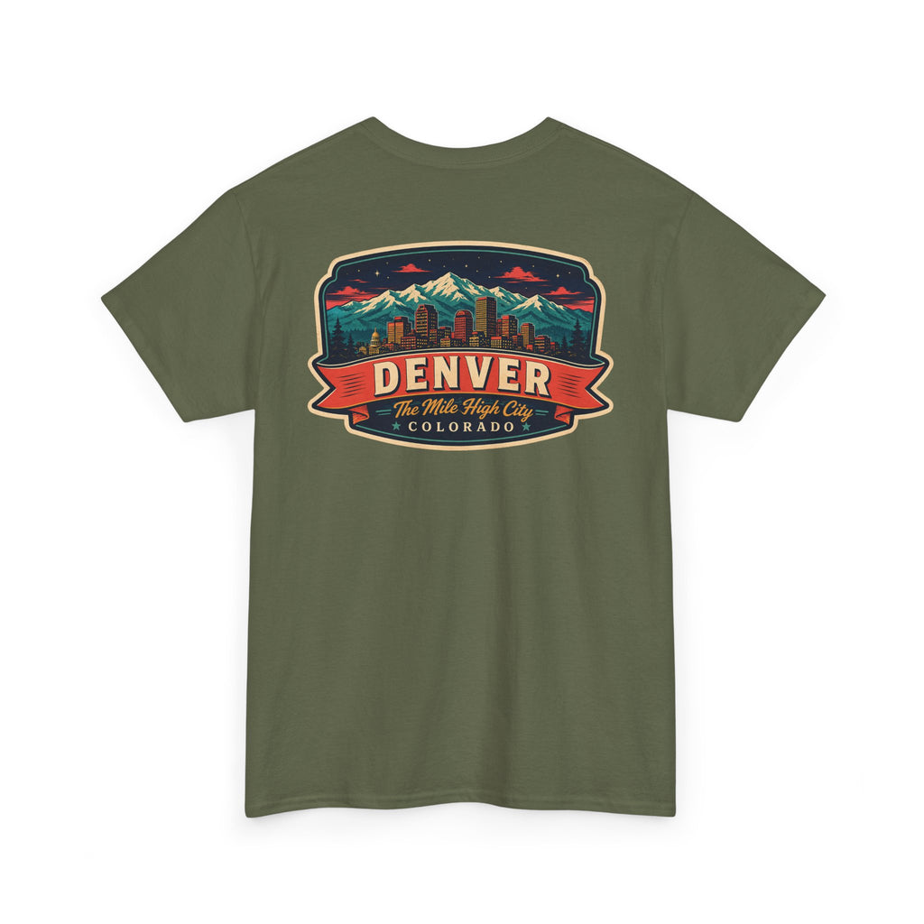 Military green T-shirt with Denver city badge graphic on chest