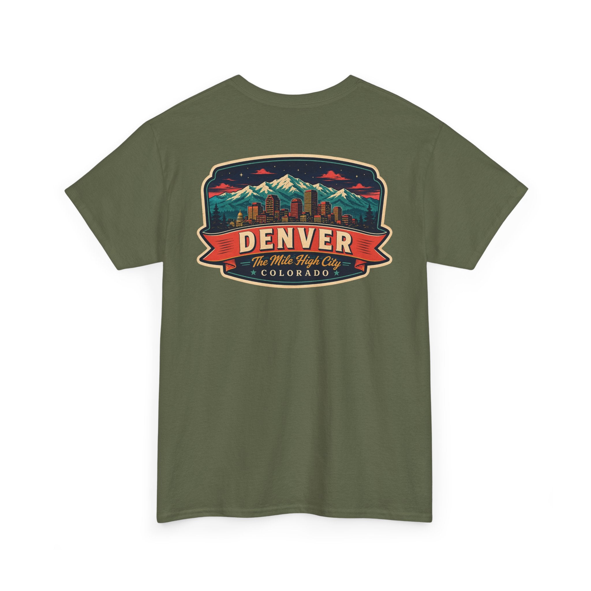Military green T-shirt with Denver city badge graphic on chest