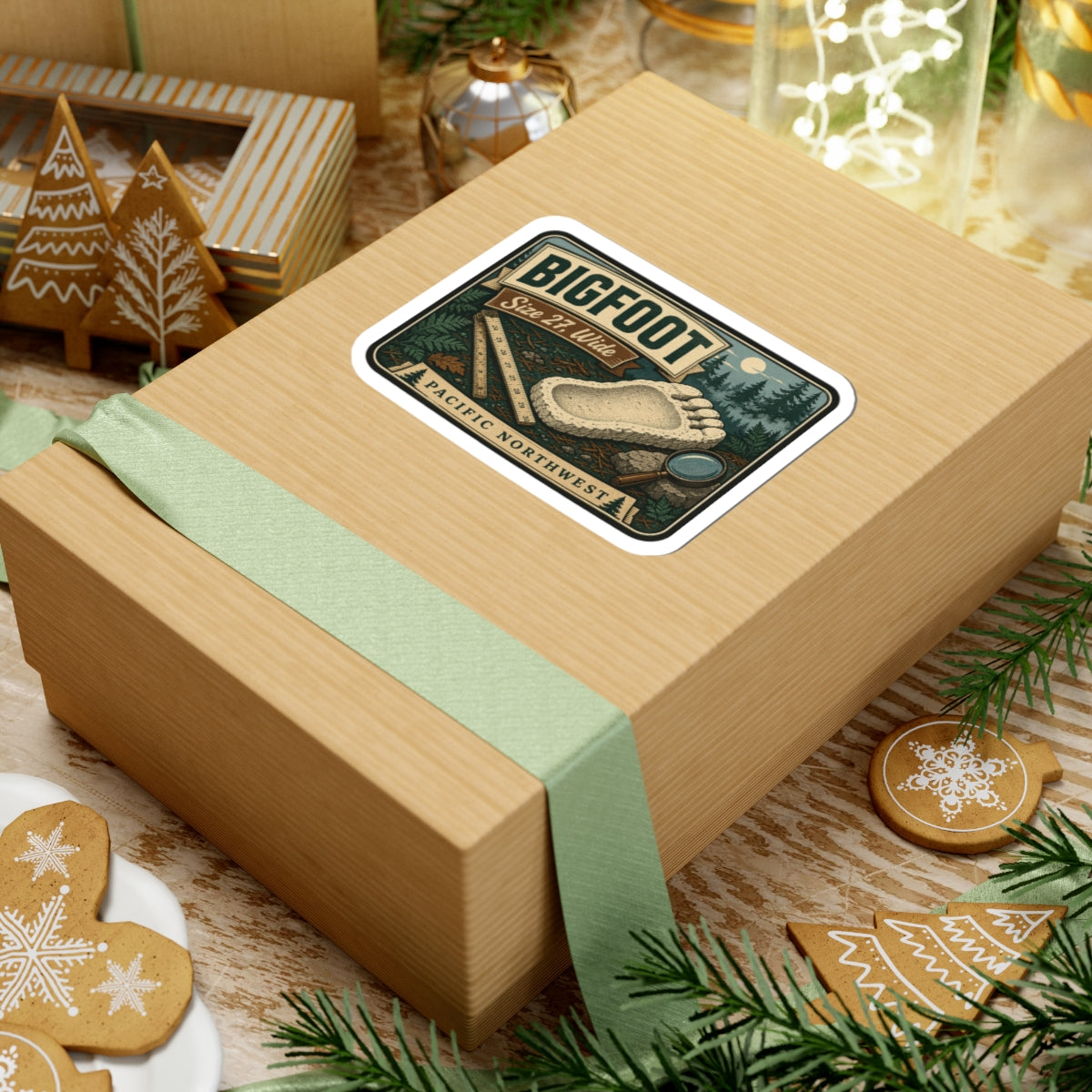 Bigfoot footprint sticker on gift box showing Pacific Northwest camping artwork and pine trees