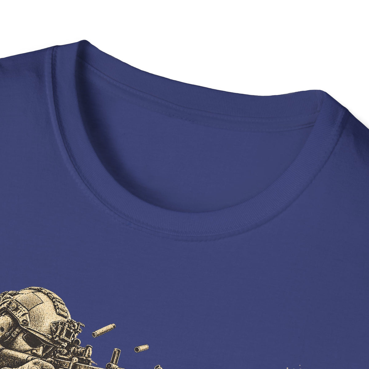Royal blue crewneck T-shirt close-up with partial vintage gunner graphic