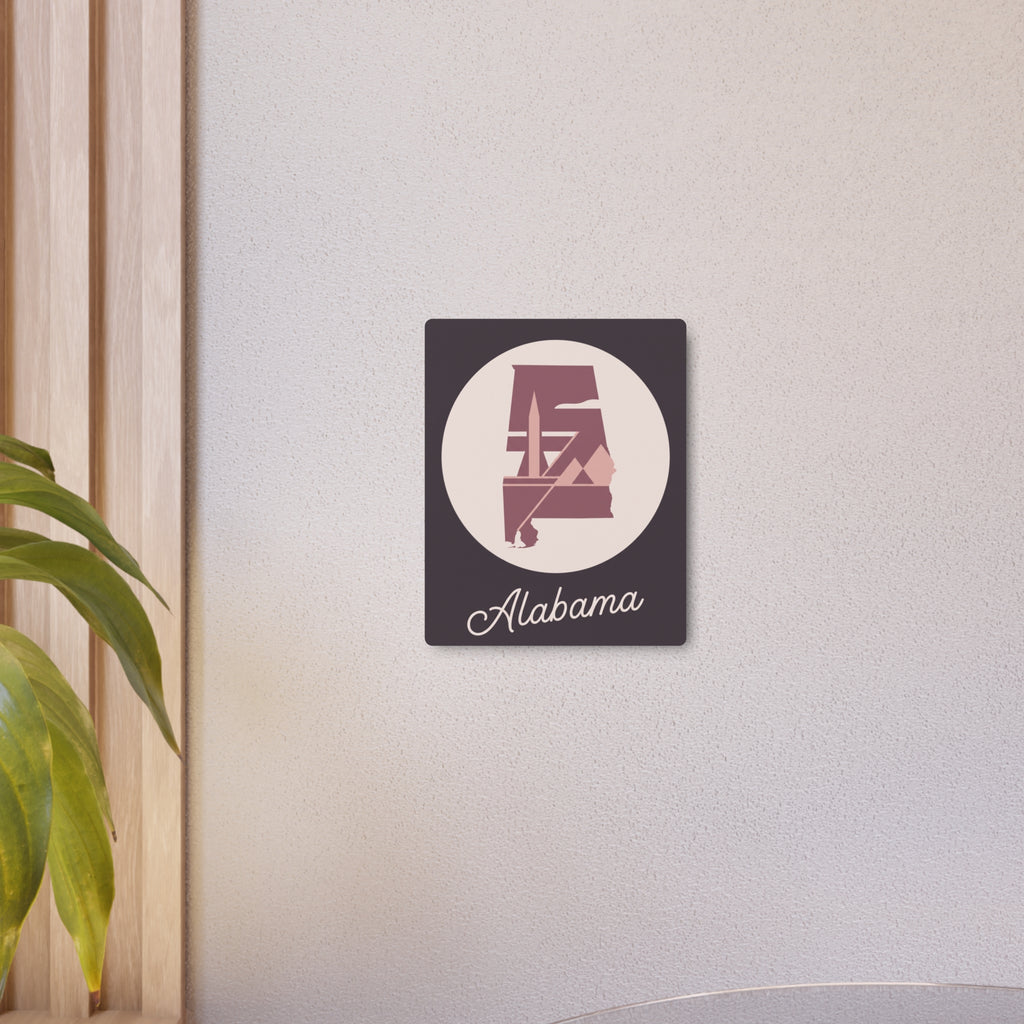 Small square metal wall art featuring mauve Alabama silhouette in circle and “Alabama”