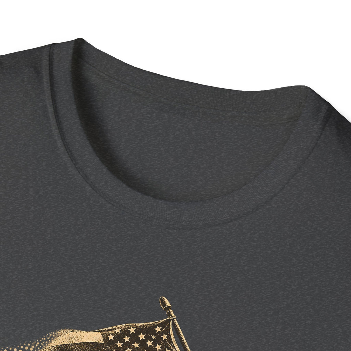 Charcoal gray crew-neck T-shirt close-up showing gold patriotic flag and soldier graphic