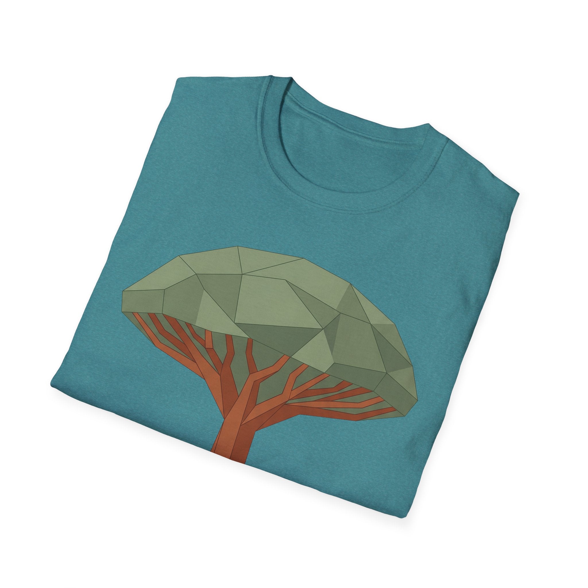Dragon Blood Tree T-Shirt teal, full geometric tree graphic with red branches