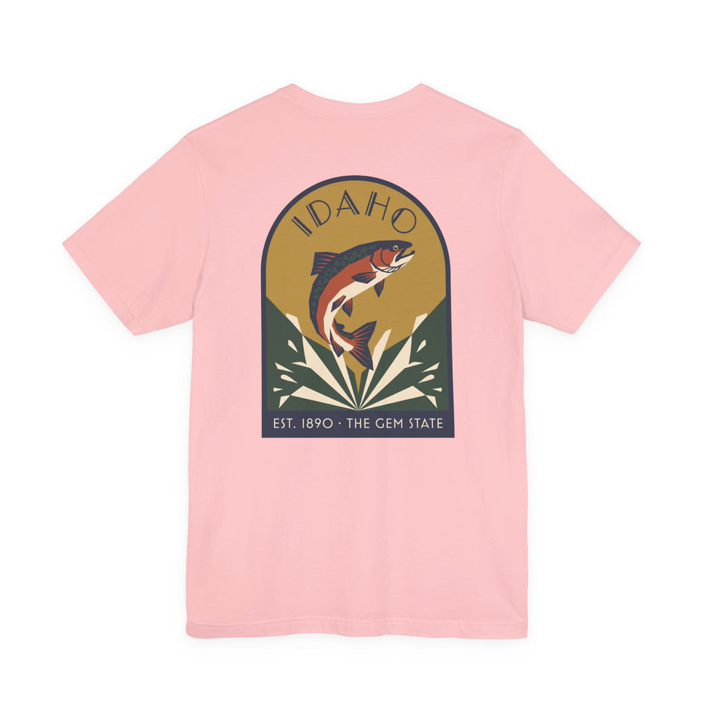 Light pink crewneck T-shirt with large circular trout badge graphic on chest