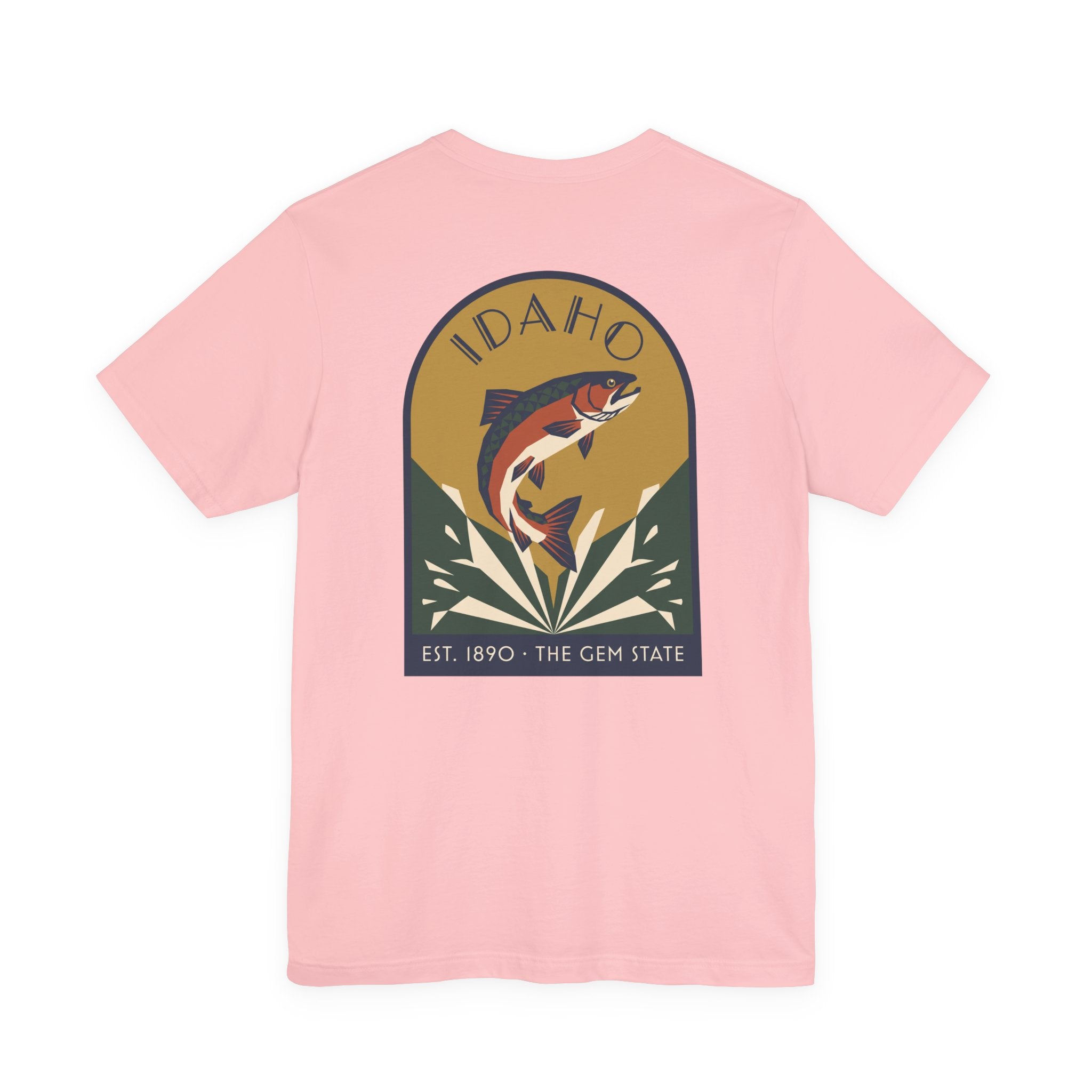 Light pink crewneck T-shirt with large circular trout badge graphic on chest