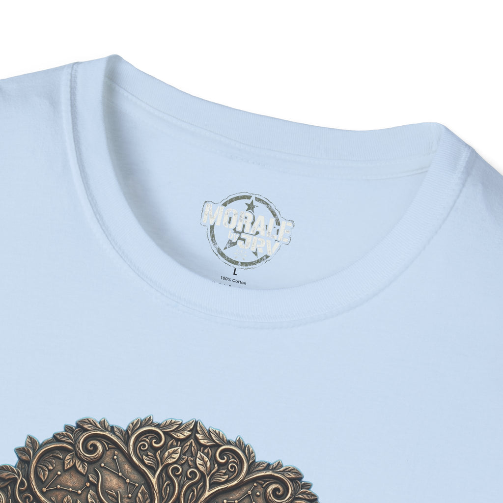 Light blue T-shirt neckline with small brand logo print