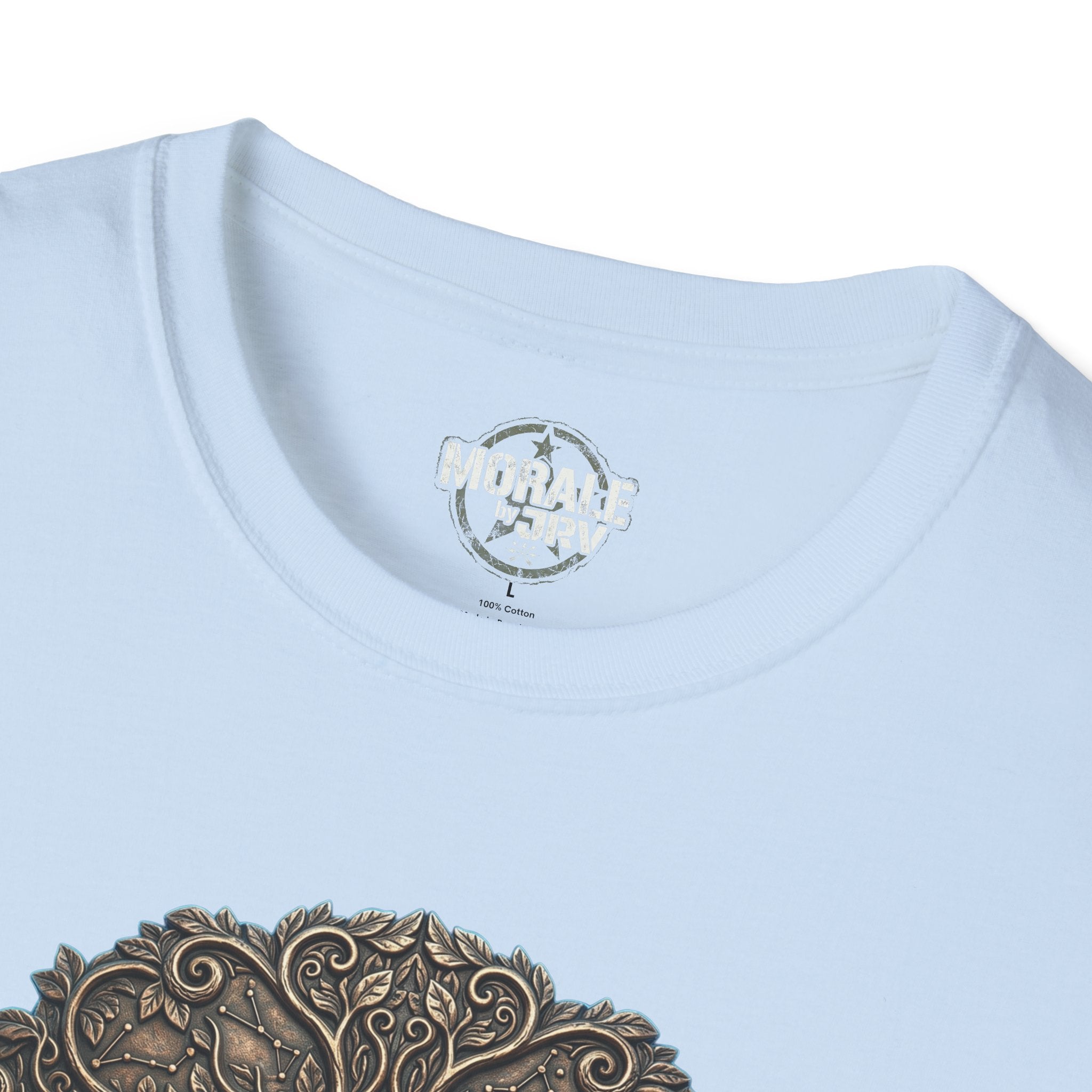 Light blue T-shirt neckline with small brand logo print
