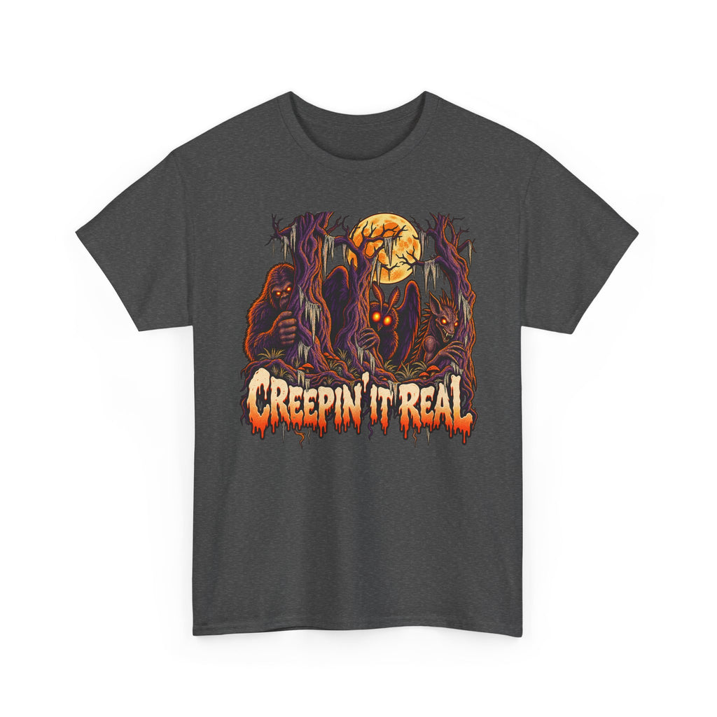 Halloween monster graphic T-shirt in dark gray heather with orange skull and claw print