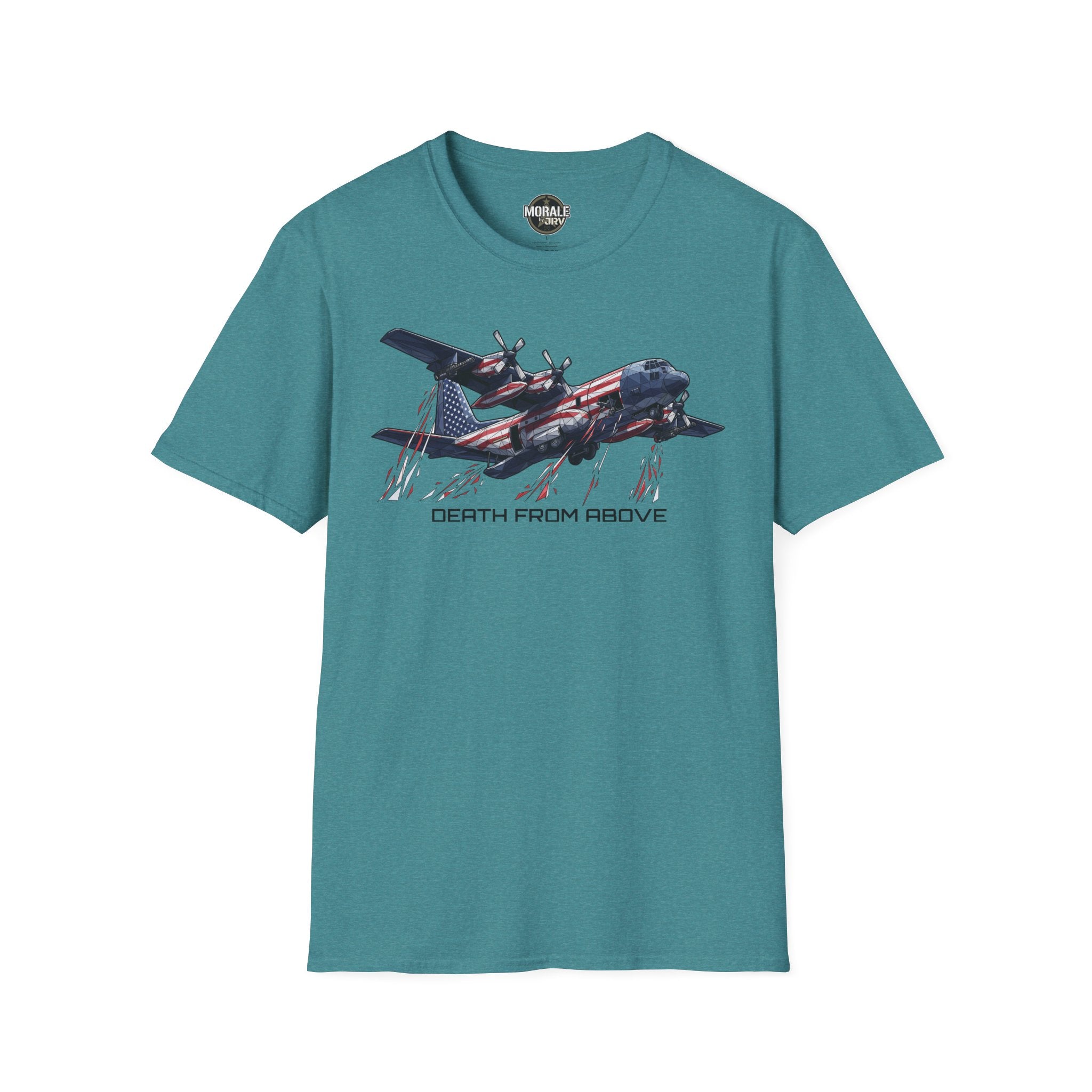 DEATH FROM ABOVE C-130 T-shirt, teal, front airplane graphic with flag