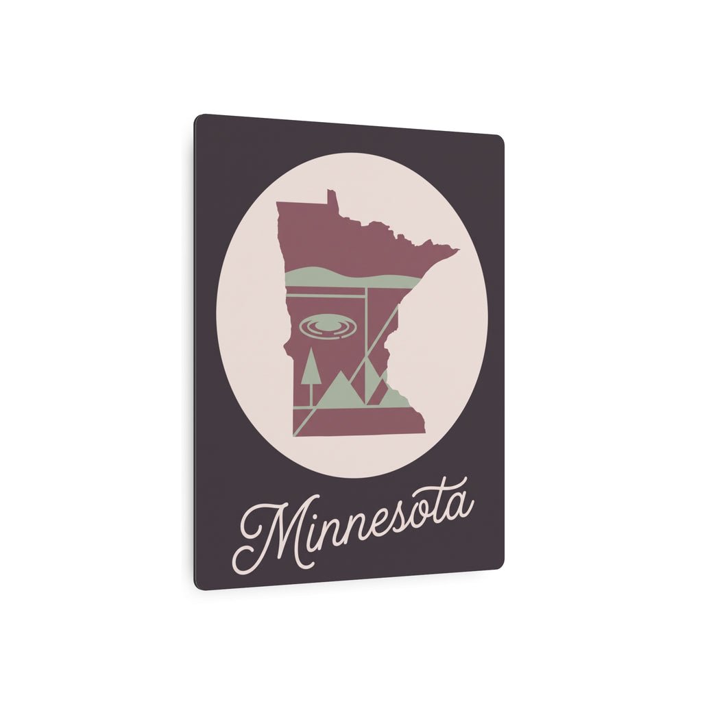 Minnesota metal wall art sign, dark square backing with circular pink-and-sage state silhouette and “Minnesota” text.
