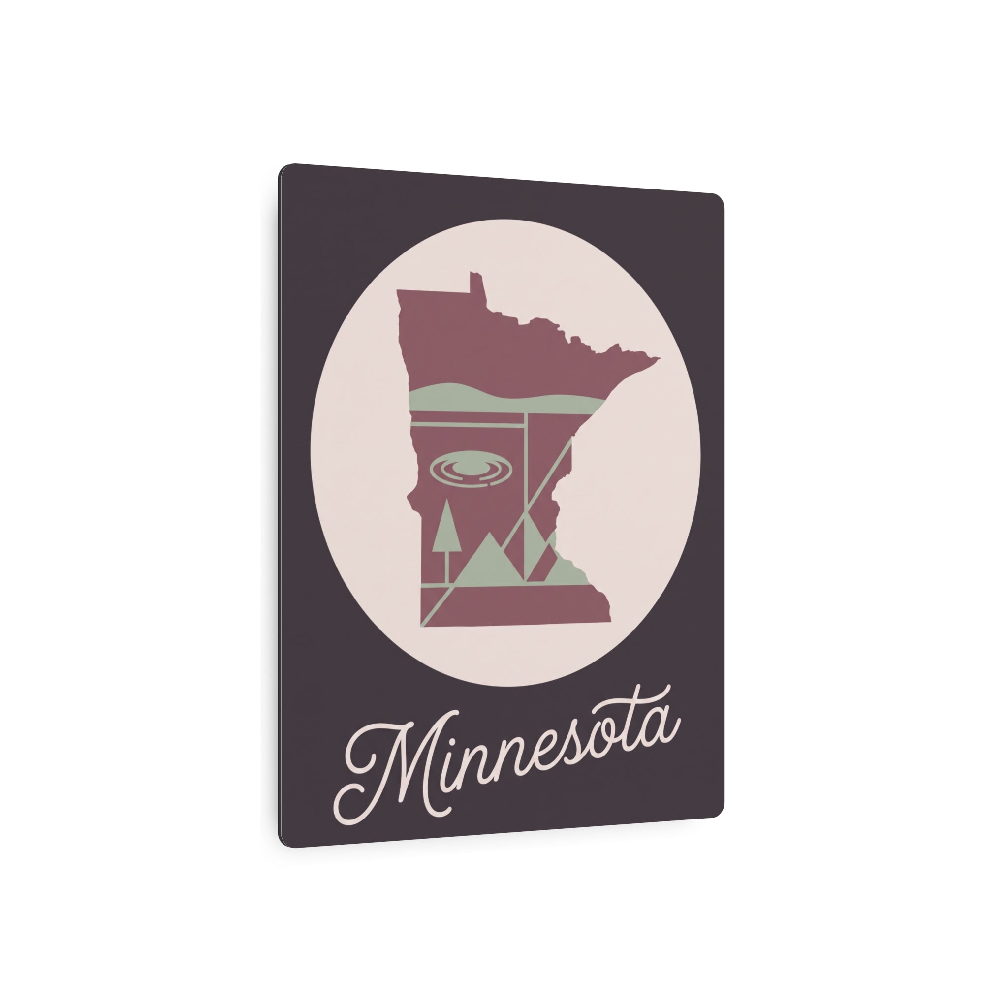 Minnesota metal wall art sign, dark square backing with circular pink-and-sage state silhouette and “Minnesota” text.
