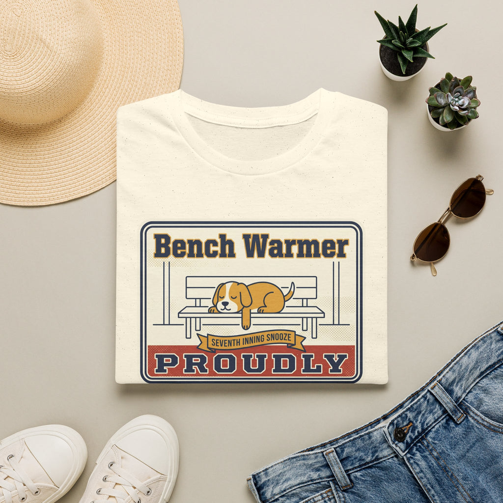 Natural crew-neck t-shirt with 'Bench Warmer Proudly' dog logo