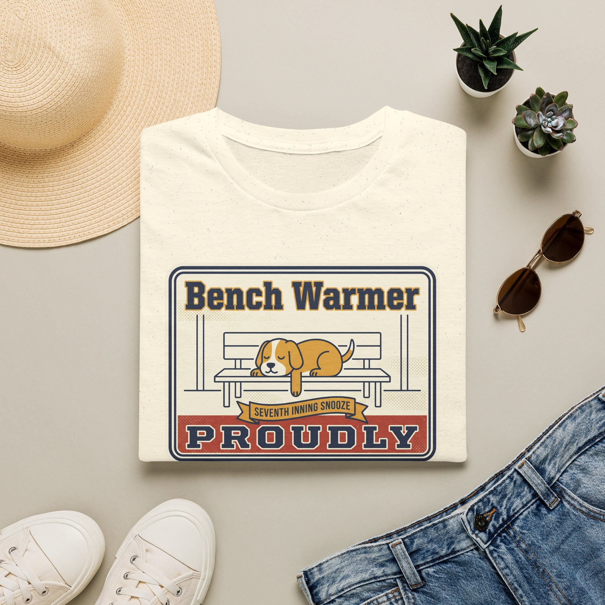 Natural crew-neck t-shirt with 'Bench Warmer Proudly' dog logo