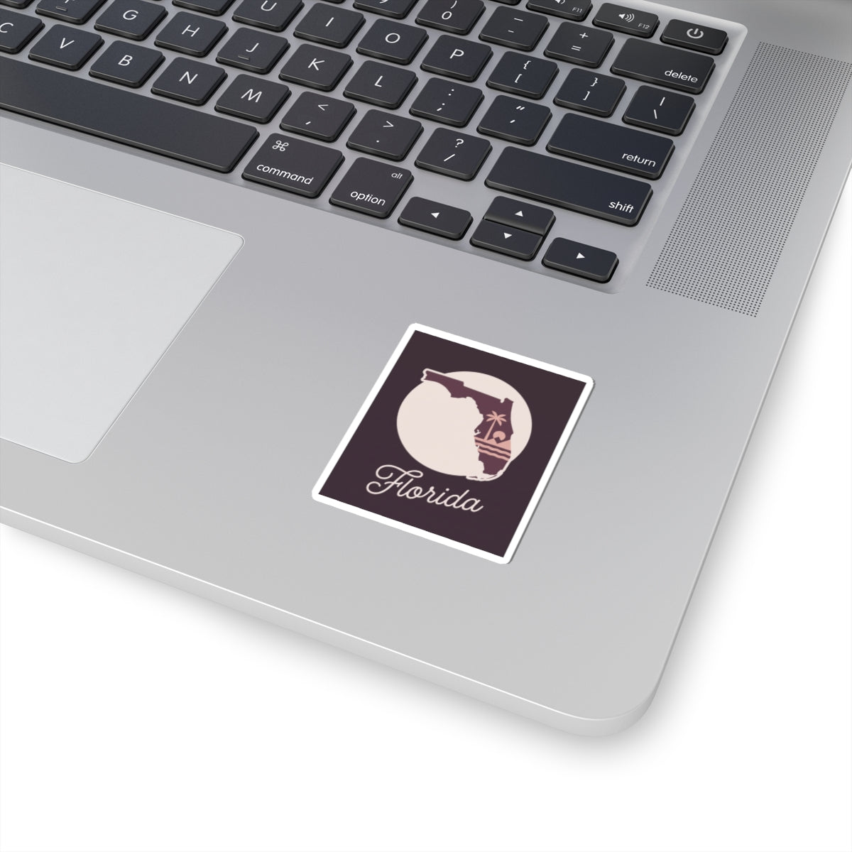 Mauve Florida silhouette kiss-cut vinyl sticker with state logo and script text