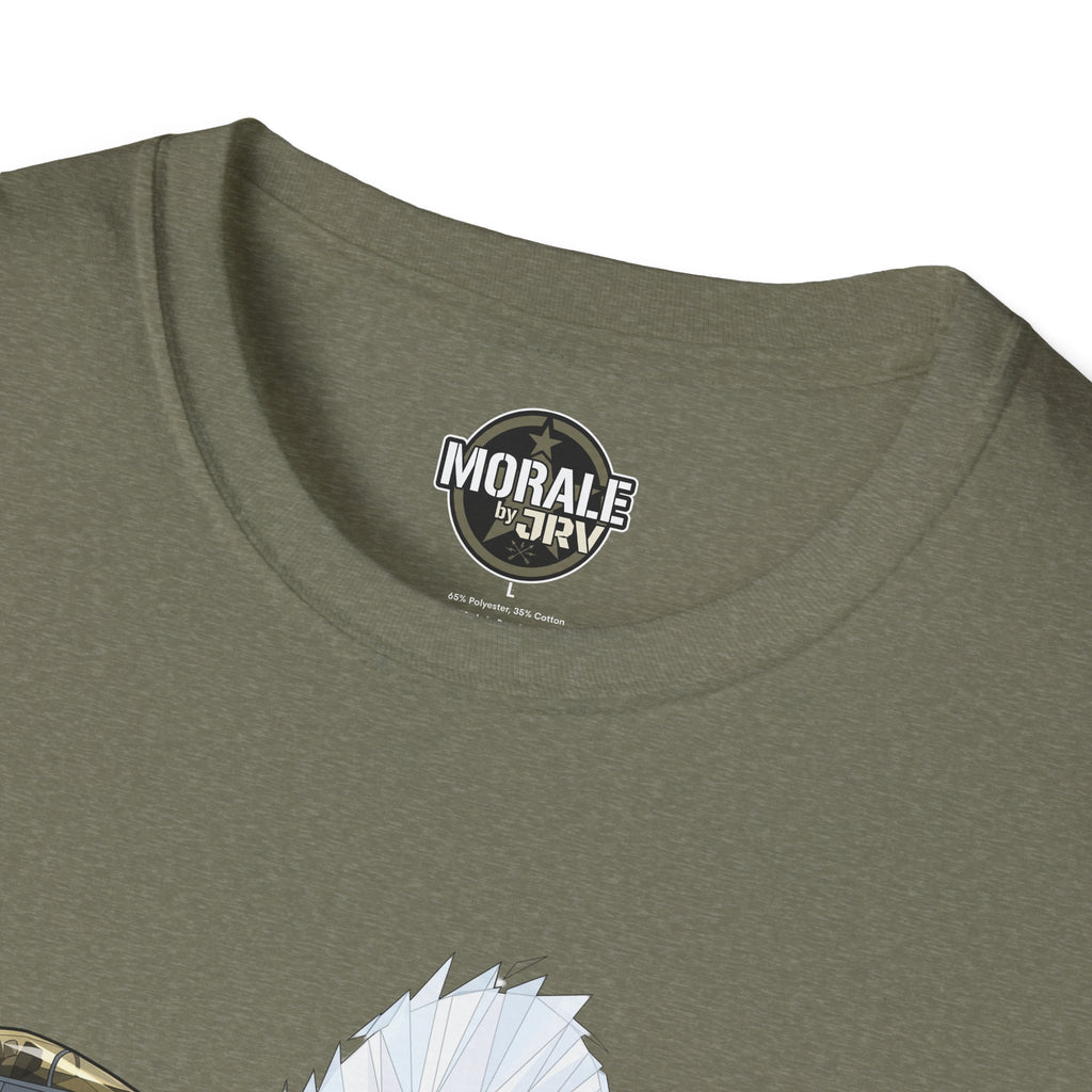 Heather Military Green T‑shirt neckline with “Morale” logo and partial graphic