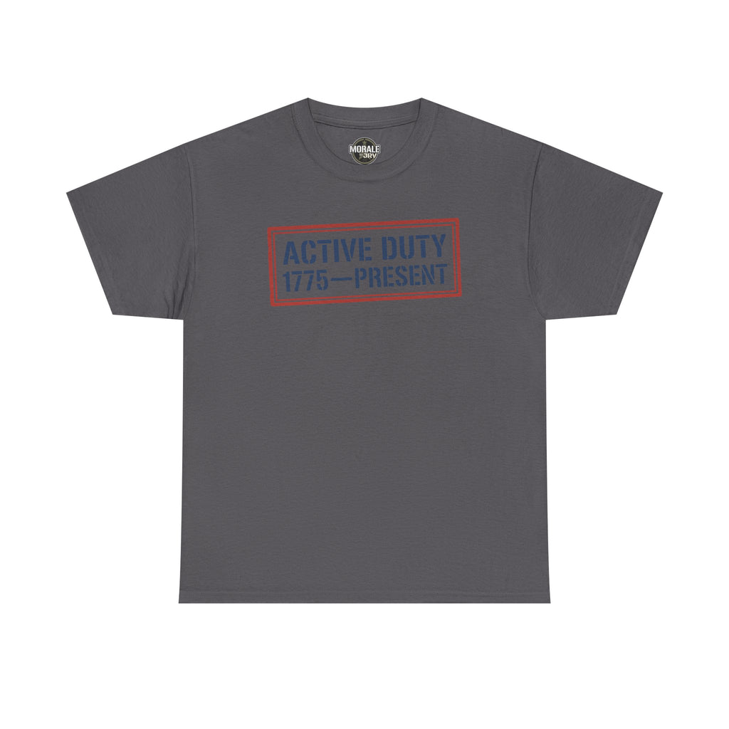Charcoal crew neck tee with red “Active Duty 1775–Present” chest logo