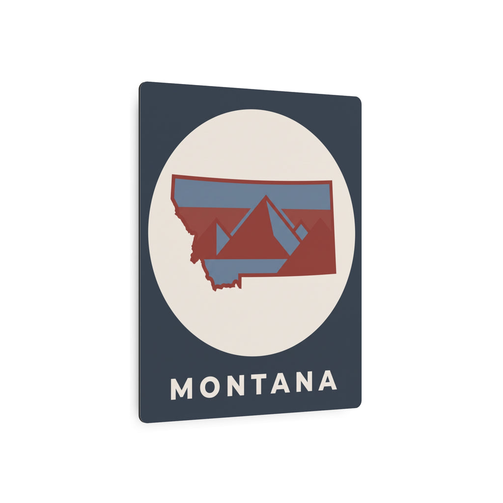 Montana metal art sign, dark blue square with circular design and red state silhouette.