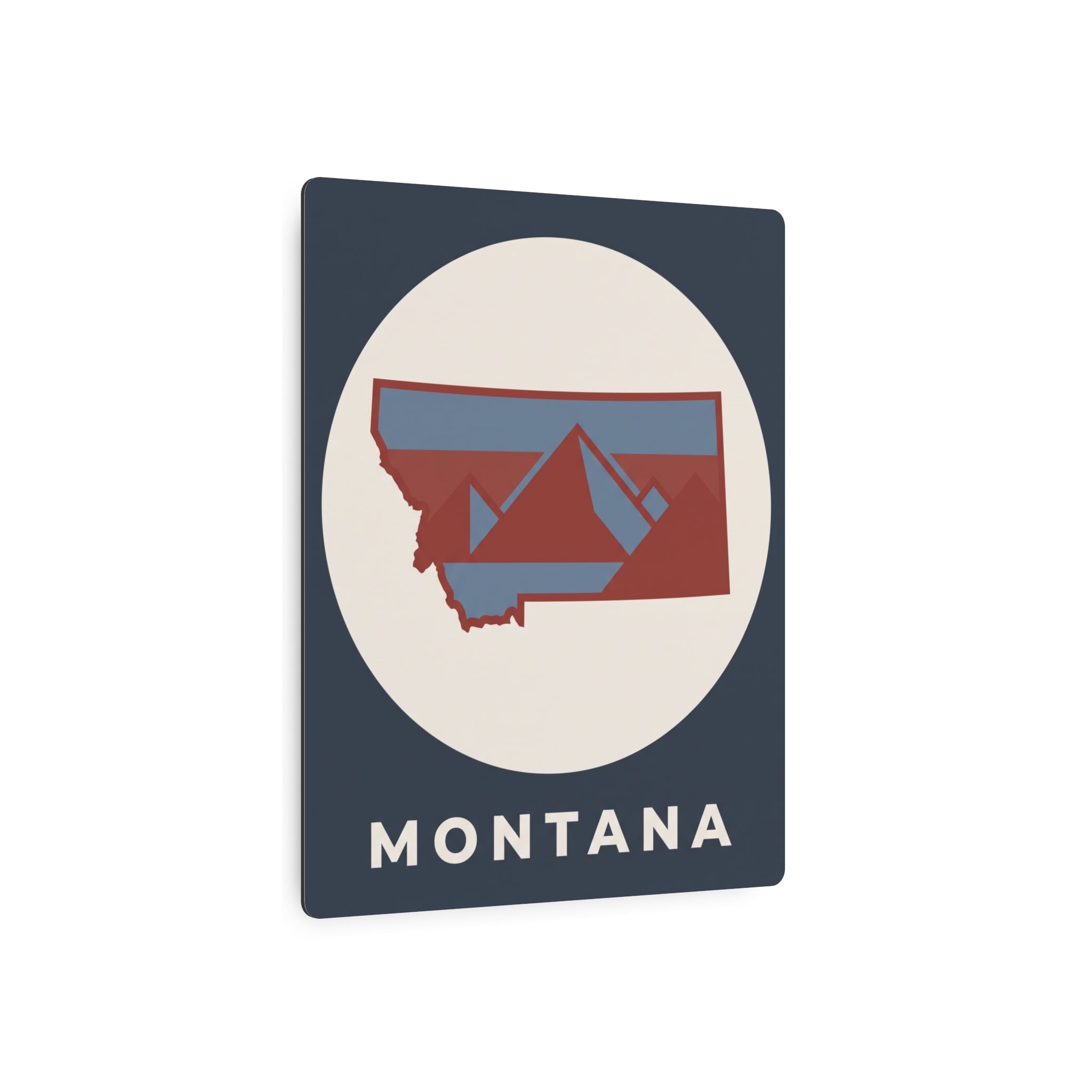 Montana metal art sign, dark blue square with circular design and red state silhouette.