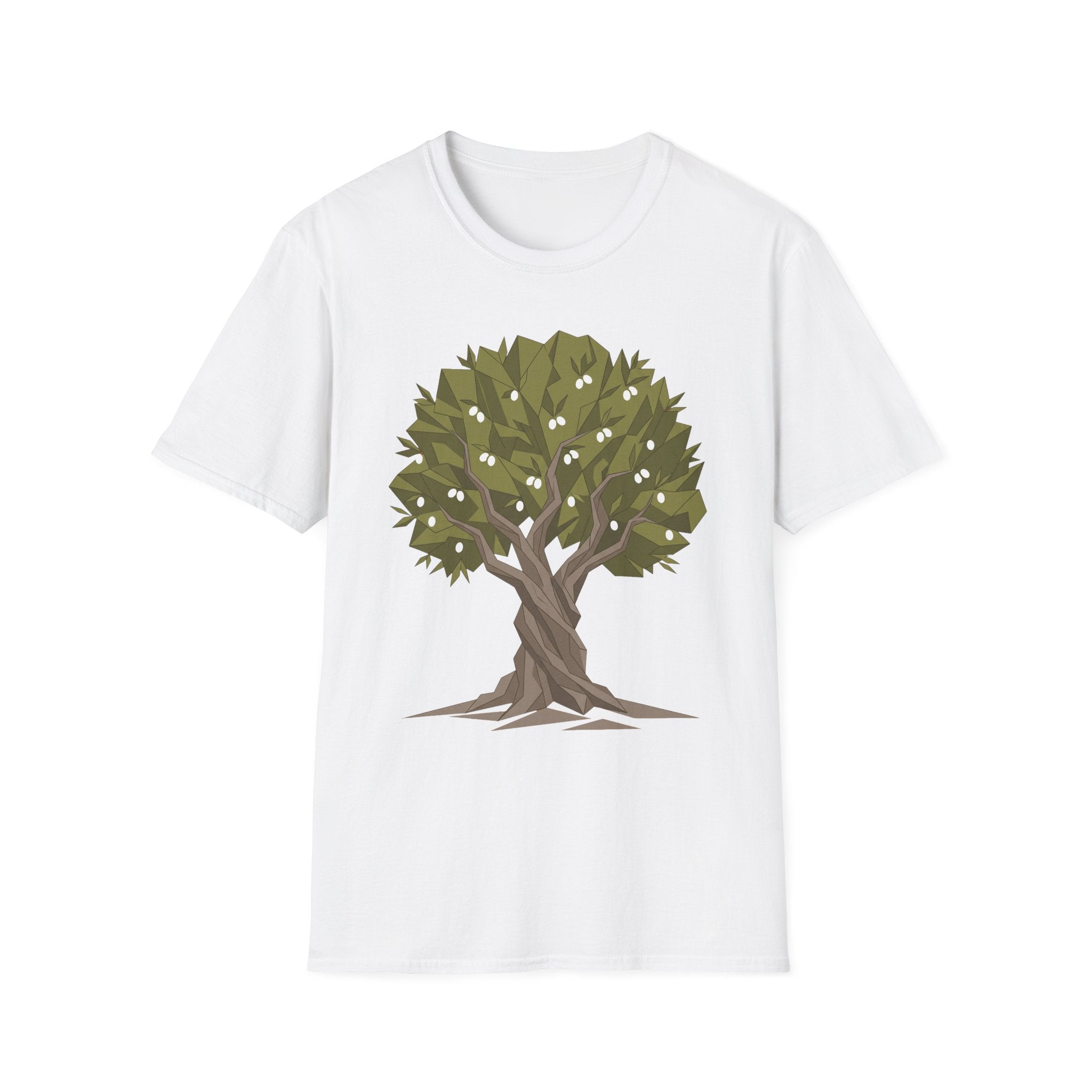 Twisted Olive Tree T-Shirt in white with botanical tree graphic and olive leaves