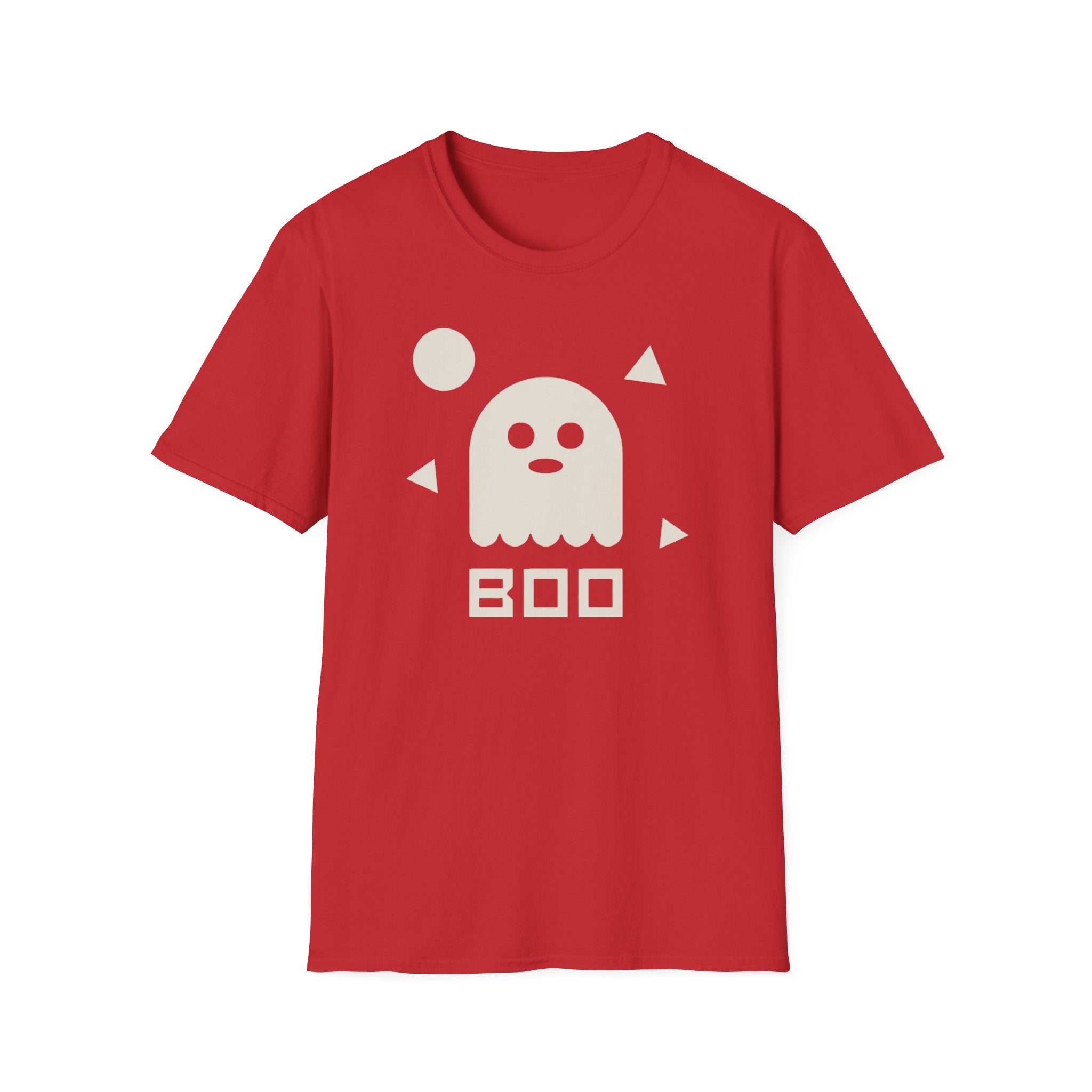 Red unisex crewneck T-shirt with large white ghost and BOO text