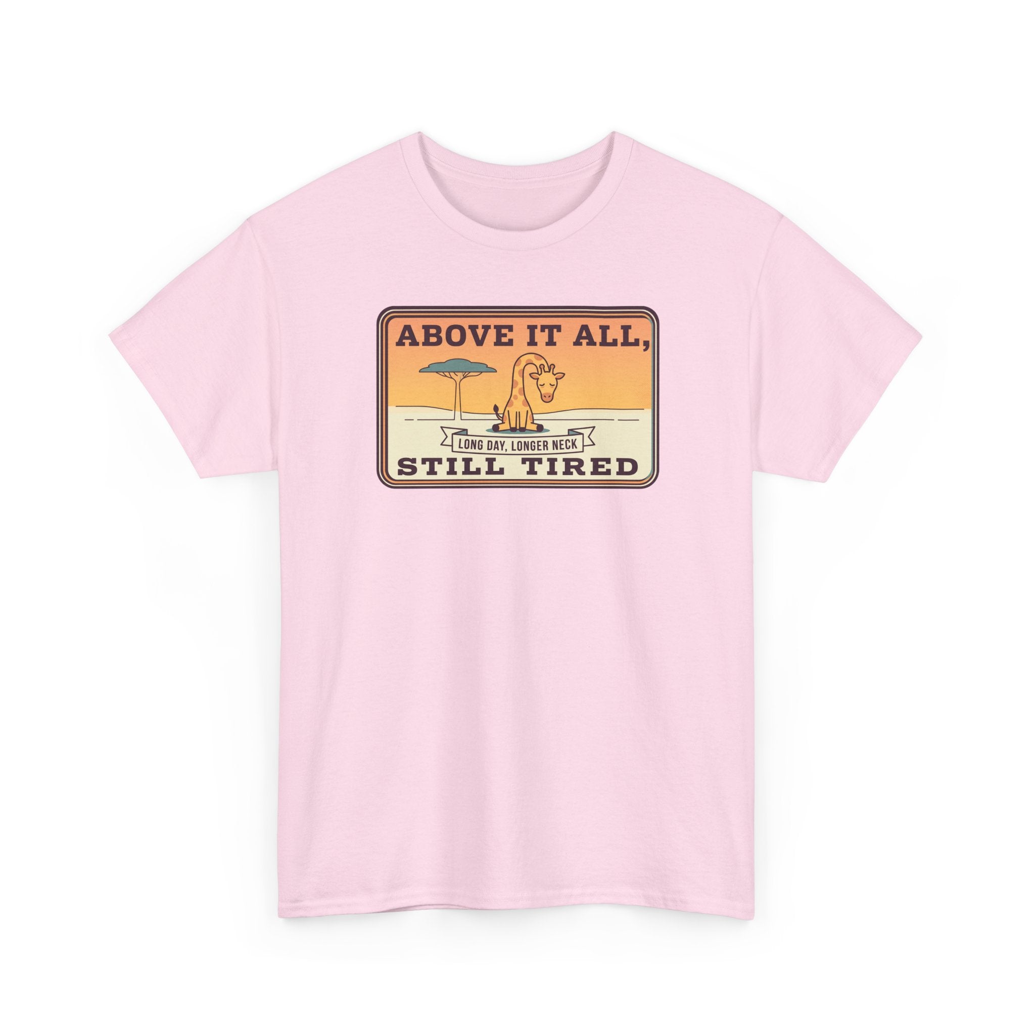 Light pink crew-neck T-shirt with rectangular logo graphic on front