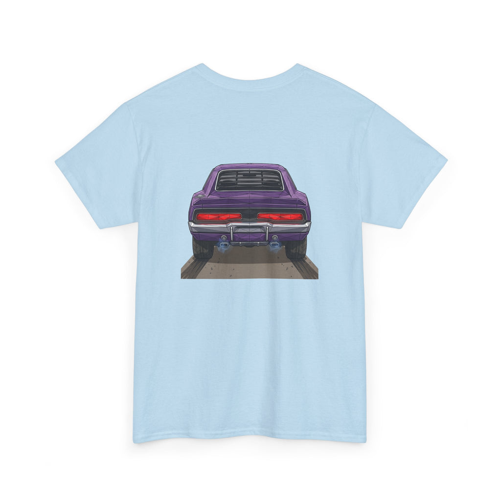 Light blue short-sleeve T-shirt with purple retro car graphic centered on front