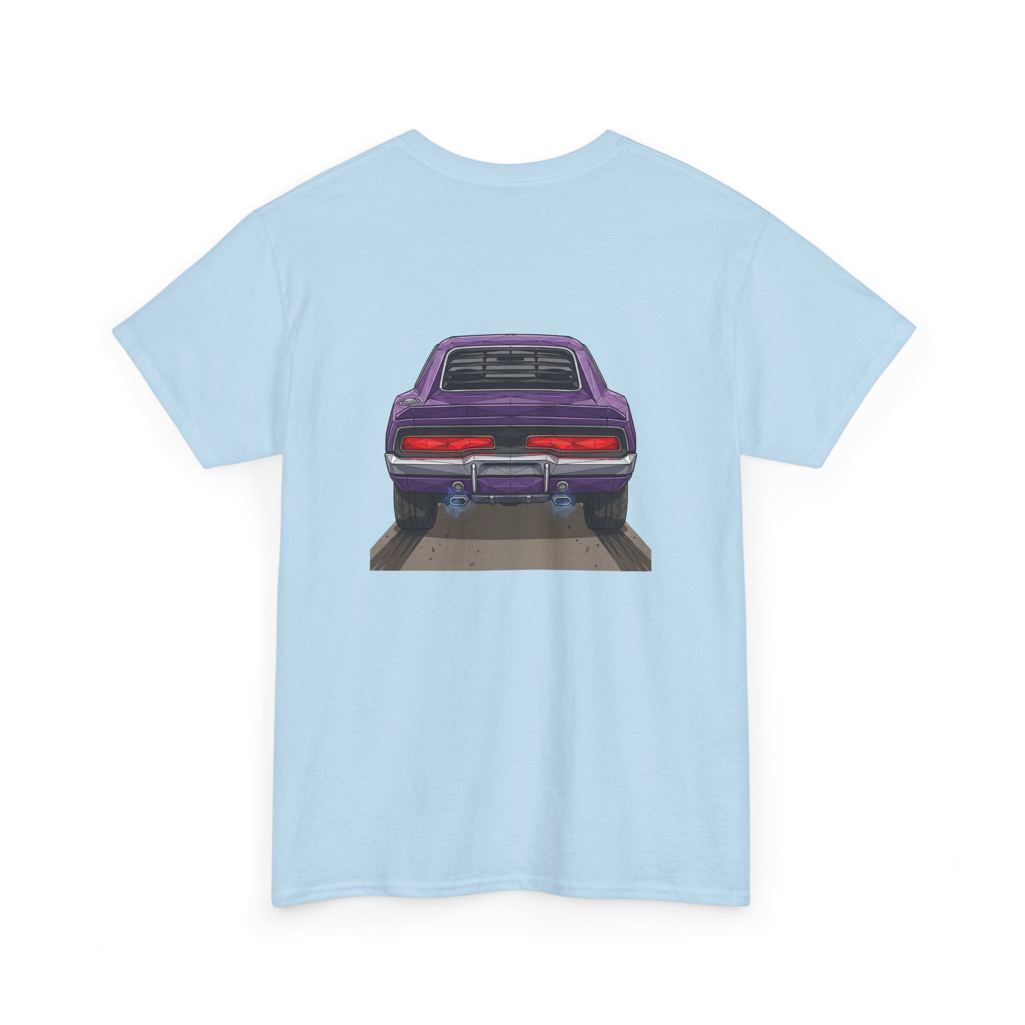 Light blue short-sleeve T-shirt with purple retro car graphic centered on front