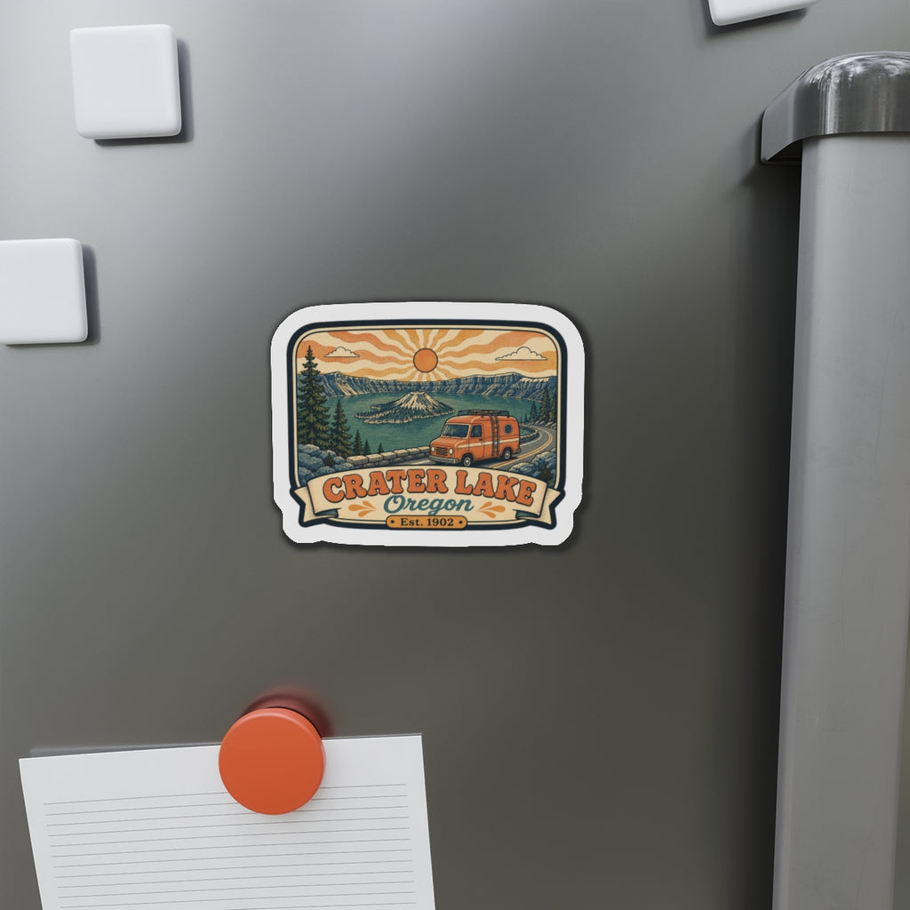Crater Lake Oregon magnet on gray fridge door, die-cut camper van and Crater Lake text